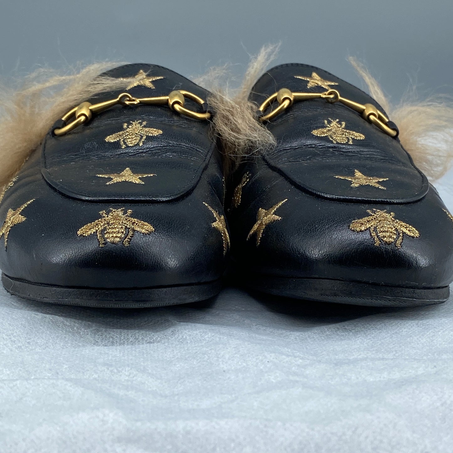 Gucci Women's  Black Leather Star Embroidery Horsebit Fur Lined Backless Mule Loafers Outsole 26cm