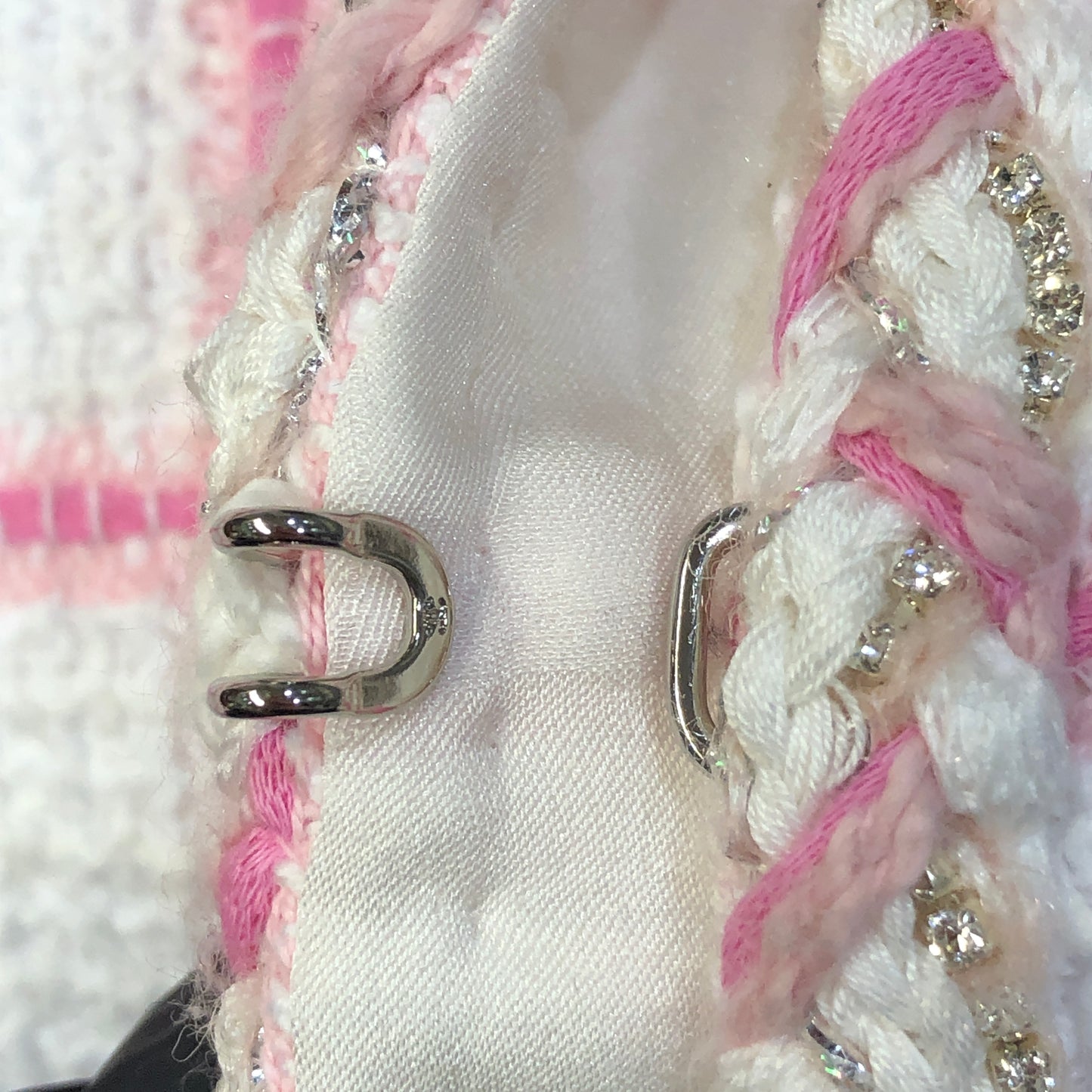 Chanel White & Pink Plaid Tweed Jacket Fringe Trim Size 36