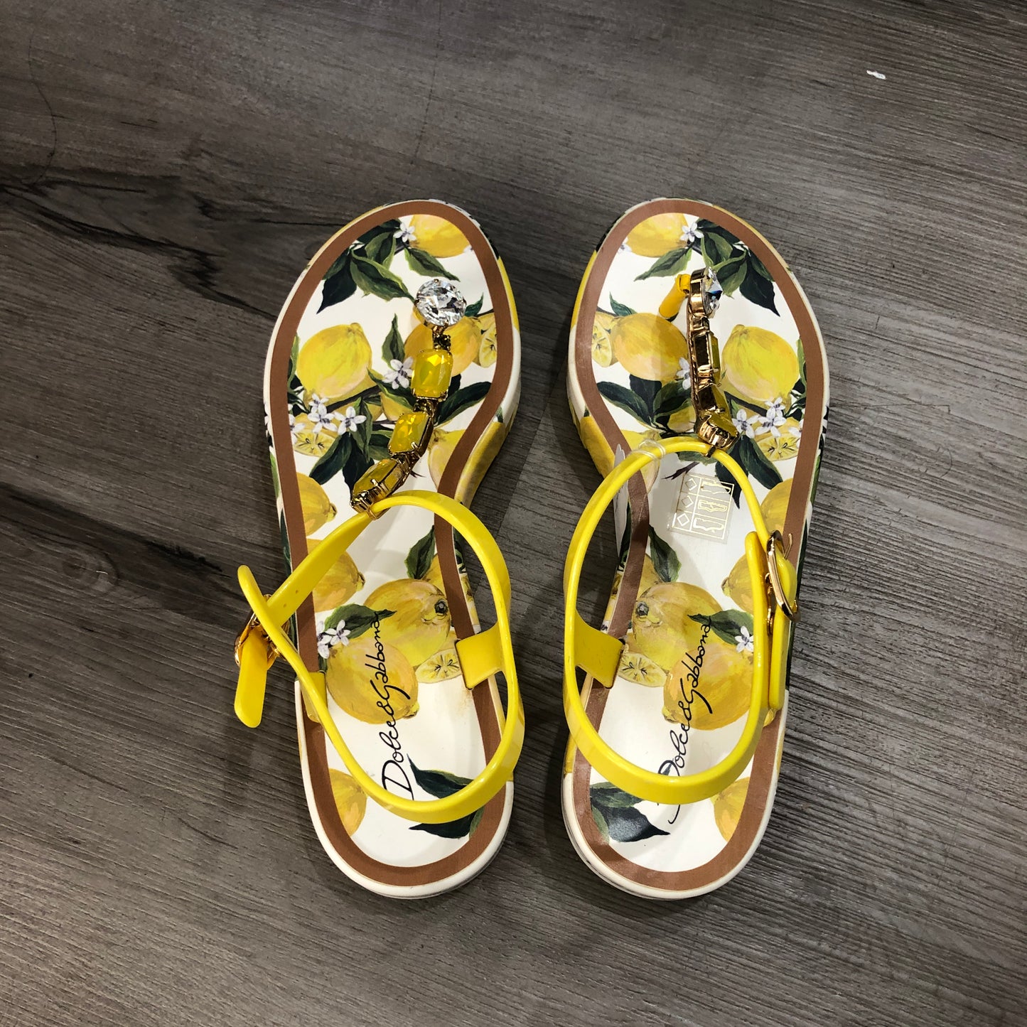 Dolce & Gabbana Women's Lemon Print Platform Ankle Strap Sandals Size 37 Yellow White Green