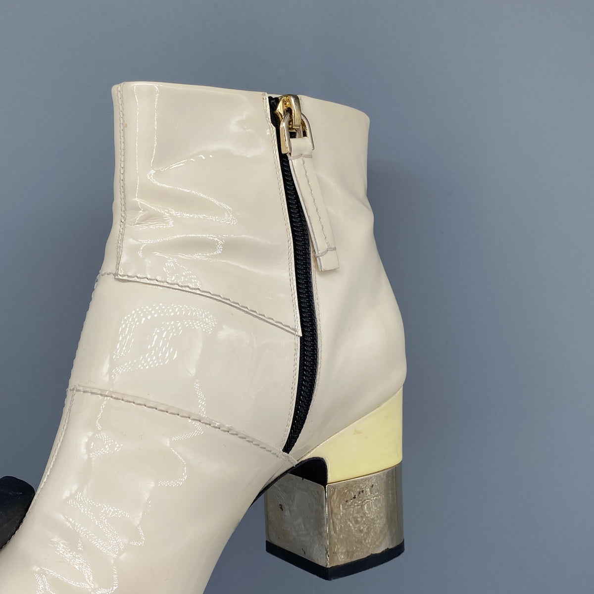 Roger Vivier Cream Patent Leather Block Heel Ankle Boots Size 37.5