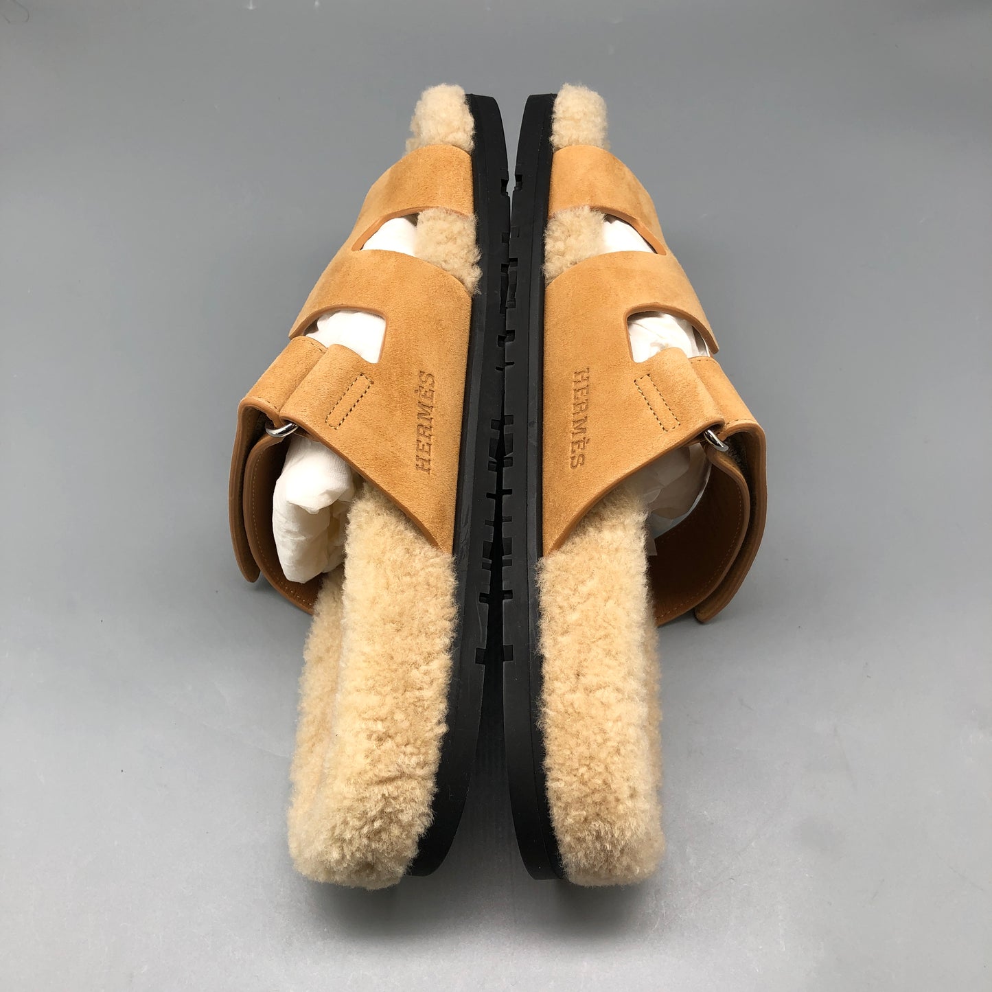 Hermes Tan Shearling H Slide Sandals Size 40 shoes