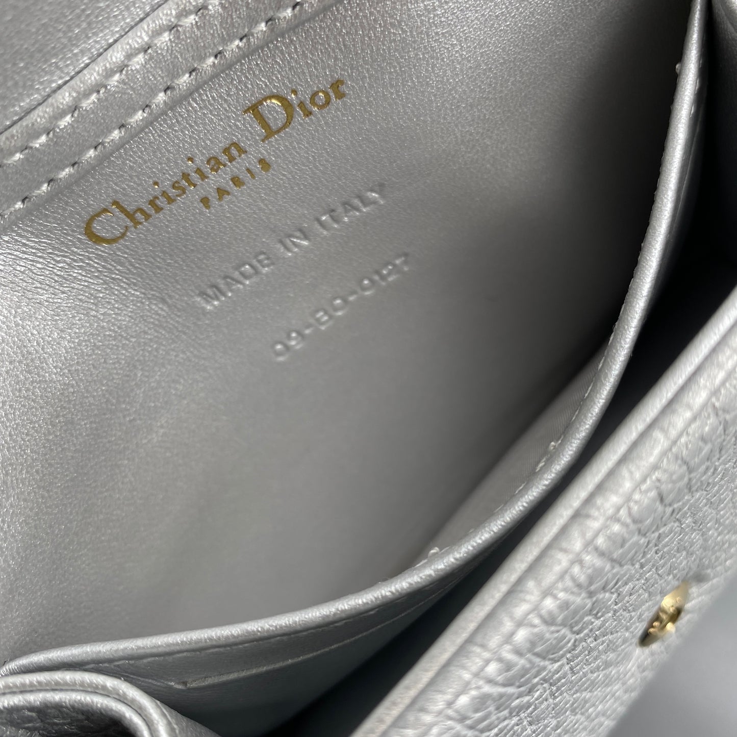 Christian Dior Mini Silver Metallic Pebbled Leather Shield Logo WOC Crossbody Bag
