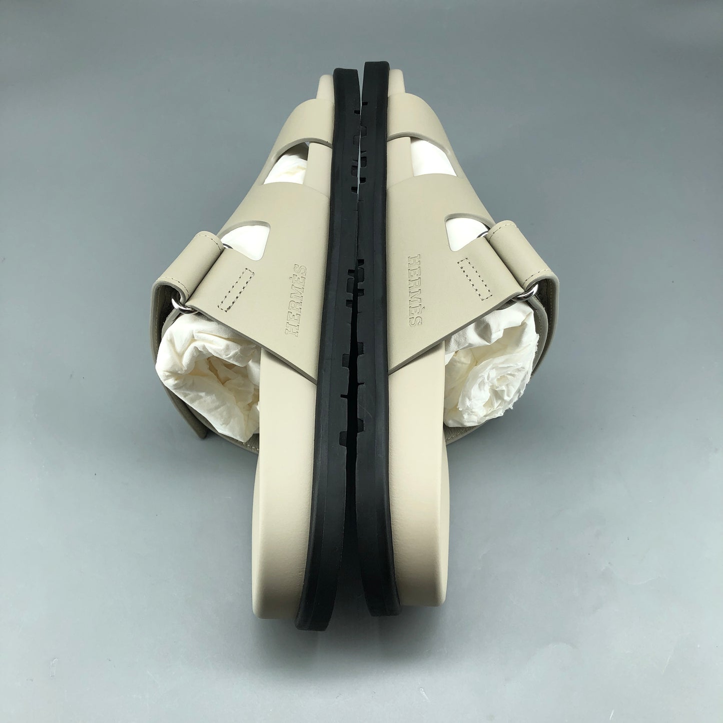 Hermes Chypre Leather Slide Sandals Grey Size 38