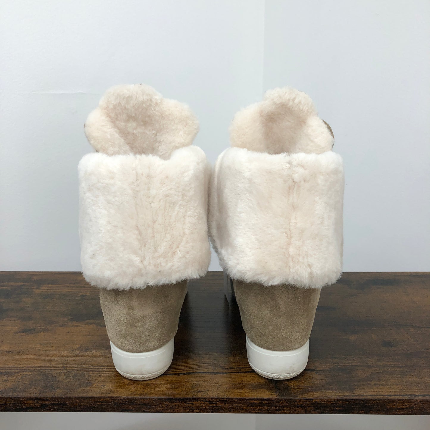 Prada Women's Shearling Lined Suede High Top Wedge Sneaker Boots 37 Beige White