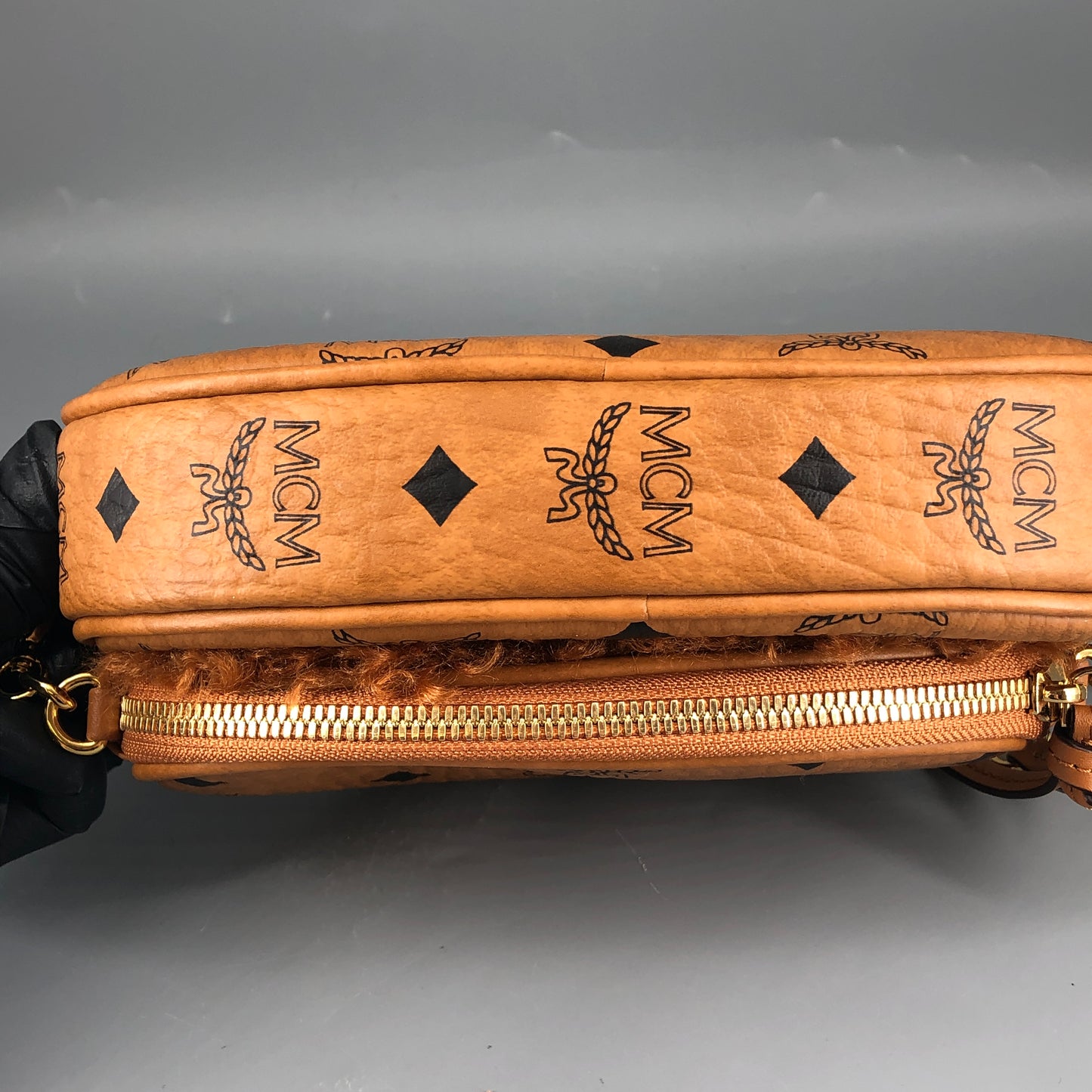 MCM Visetos Shearling Trim Oval Crossbody Camera Bag  Caramel