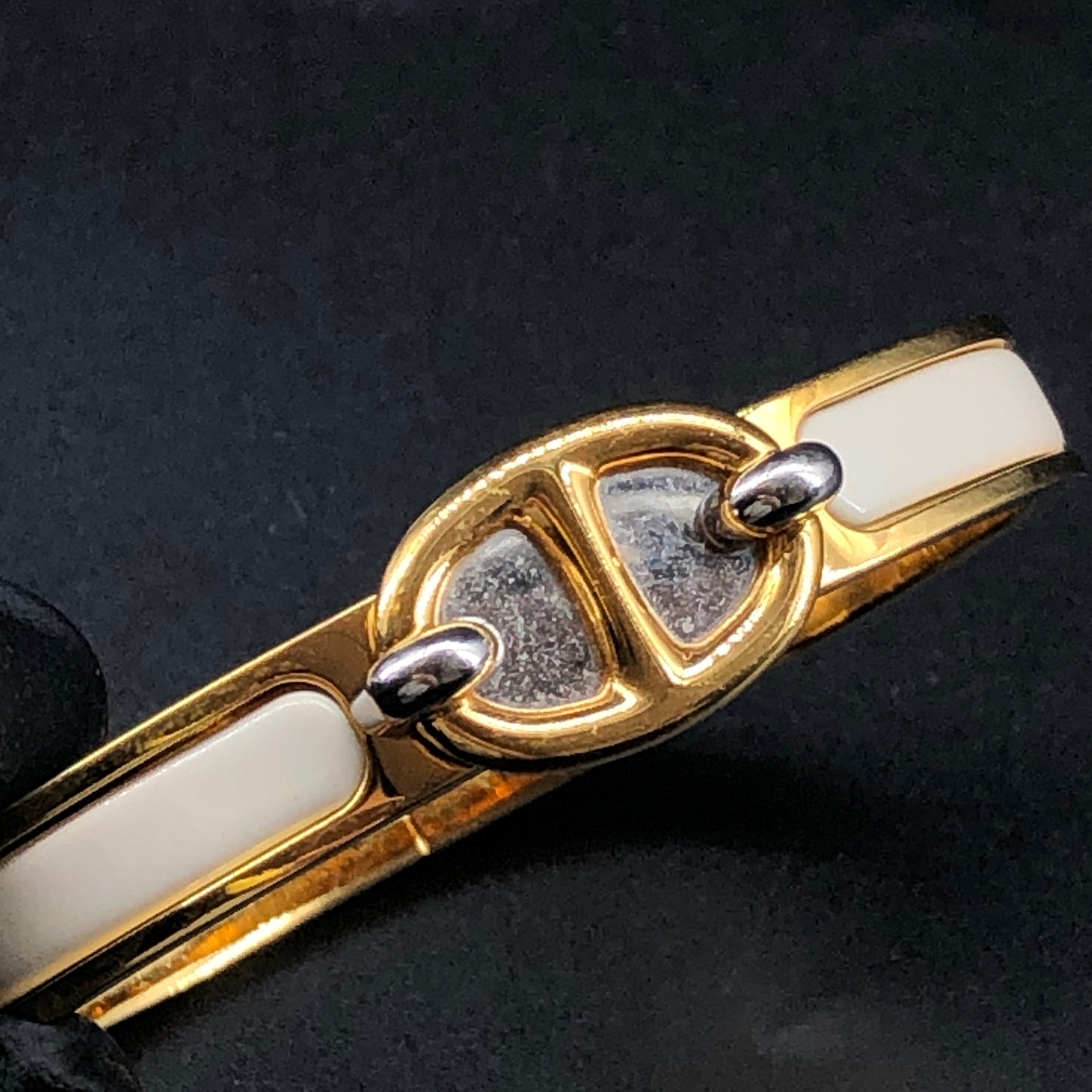 Hermes White Enamel Gold H Buckle Bangle Bracelet
