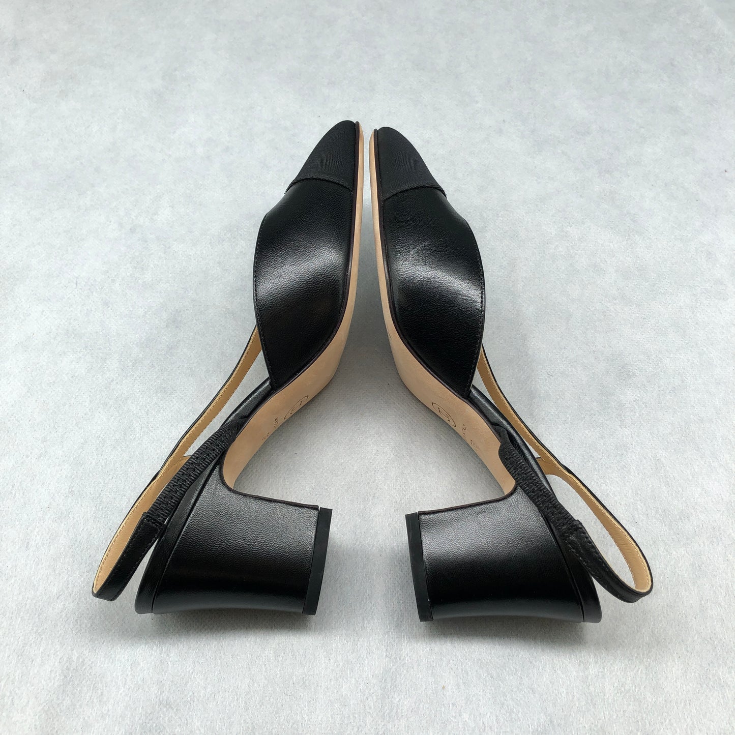 Chanel Black Satin & Leather Cap-Toe Slingback Block Heel Pumps Size 36