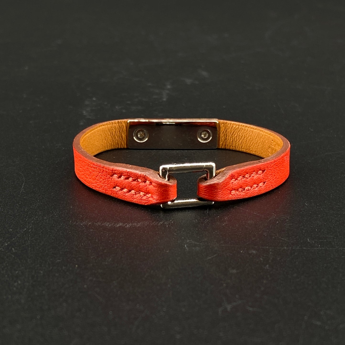 Hermes Reddy-Orange Leather Rivet Ring Bracelet
