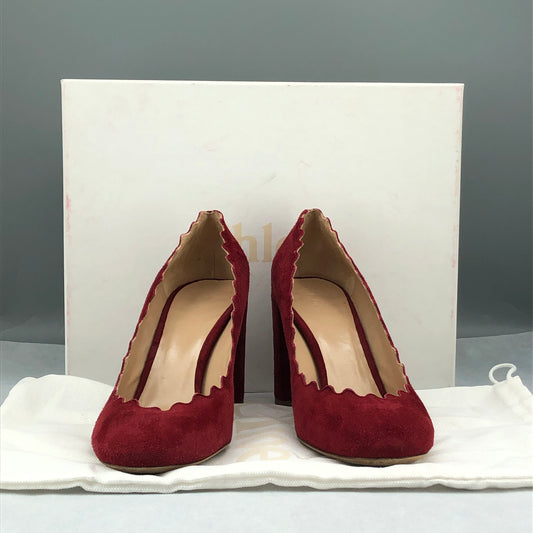 Chloe omen's Scalloped Suede Block Heel Pumps Red Size 36.5