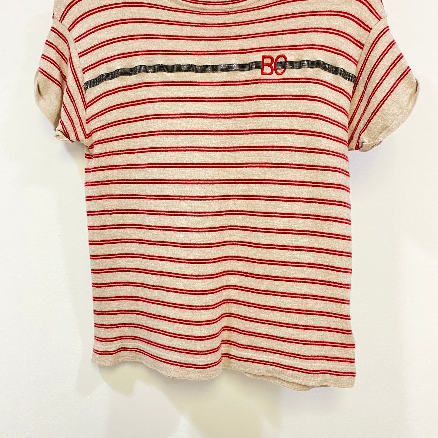 Brunello Cucinelli Grey Red Striped Short Sleeve Knit Top Size S