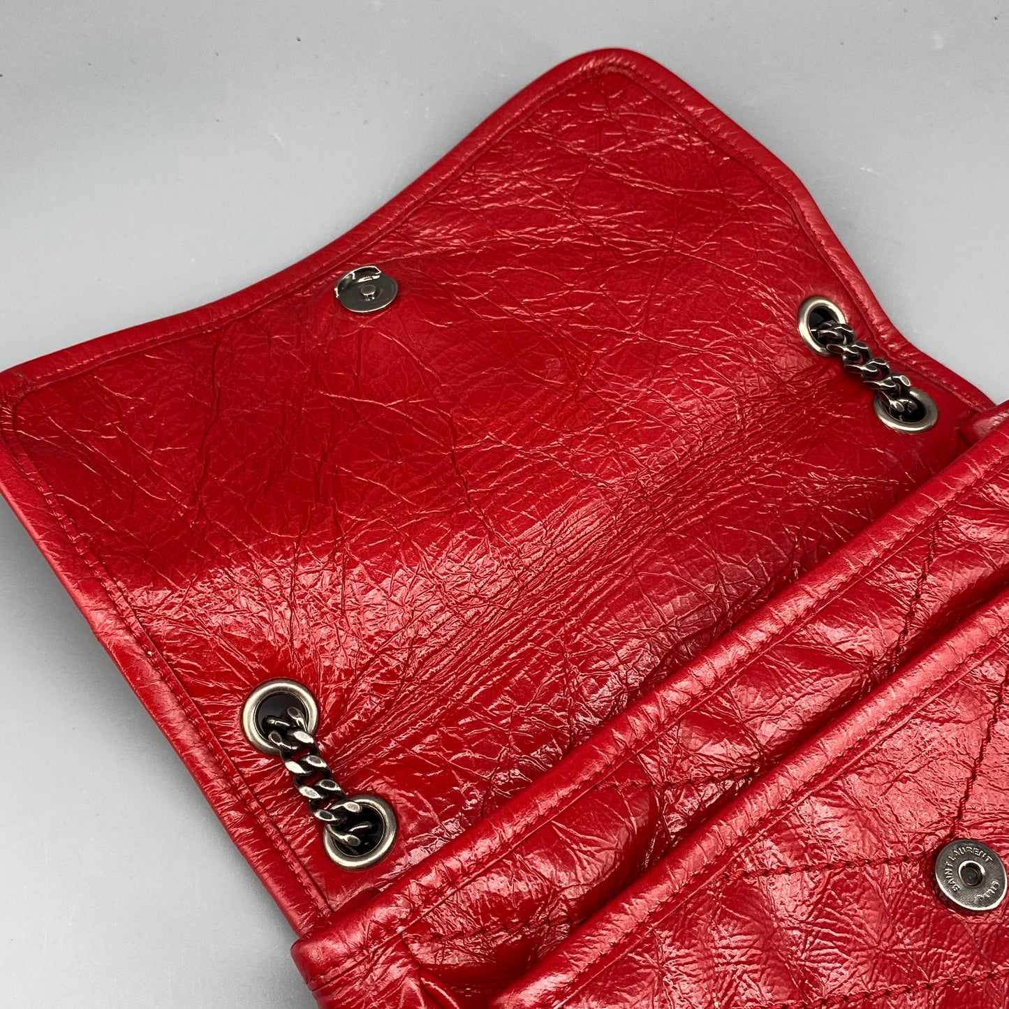 Saint Laurent Small Red Crinkled Leather Niki Chain Shoulder Bag
