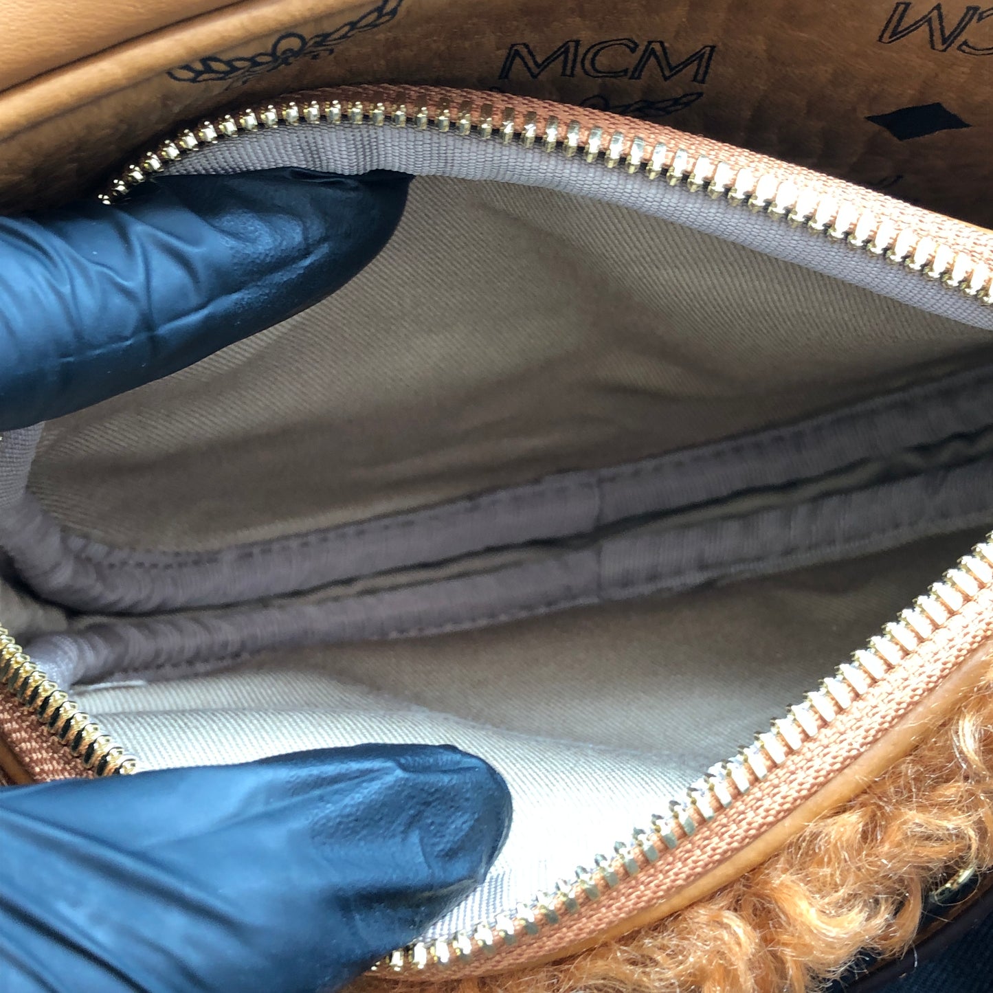 MCM Visetos Shearling Trim Oval Crossbody Camera Bag  Caramel