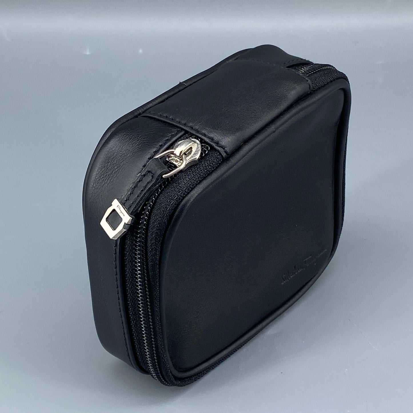 Ferragamo Black Smooth Leather Mini Square Cosmetic Pouch