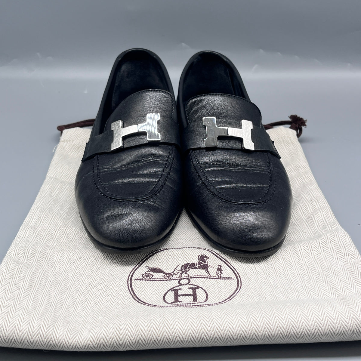 Hermes Black Leather Women Loafers Size 36