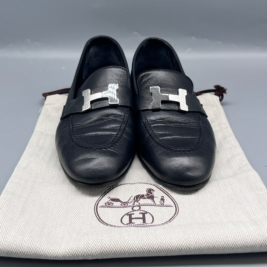 Hermes Black Leather Women Loafers Size 36
