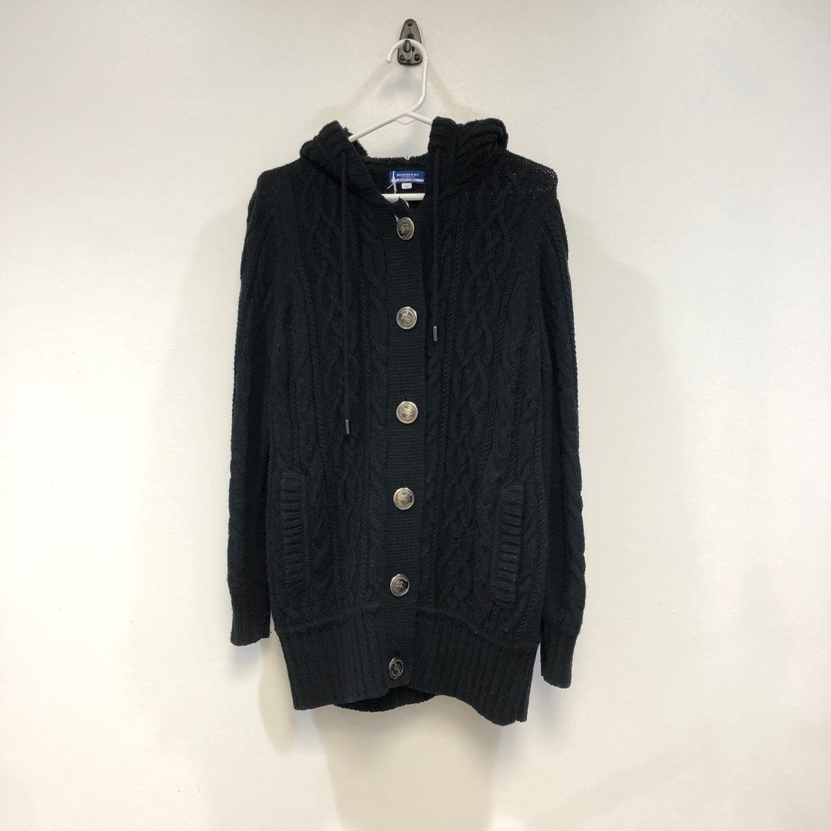 Burberry Black Cable Knit Hooded Cardigan Size 38