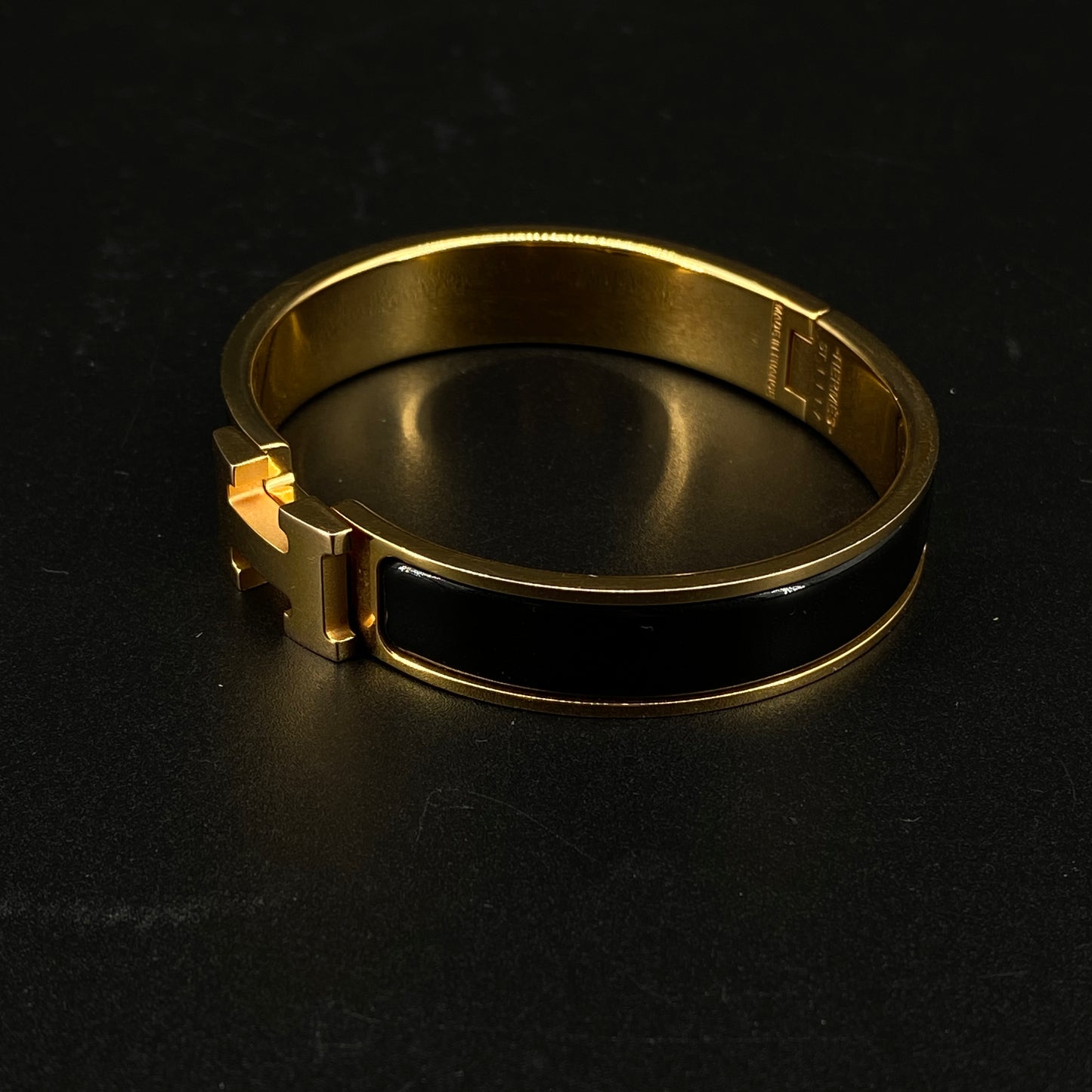 Hermes Black Enamel Gold H Buckle Bangle Bracelet
