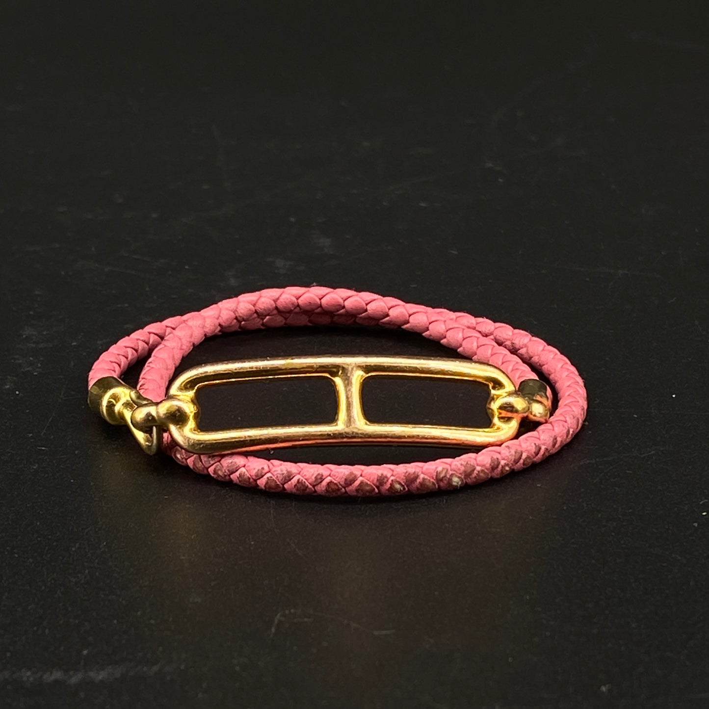 Hermes Pink Braided Leather Gold Buckle Bracelet