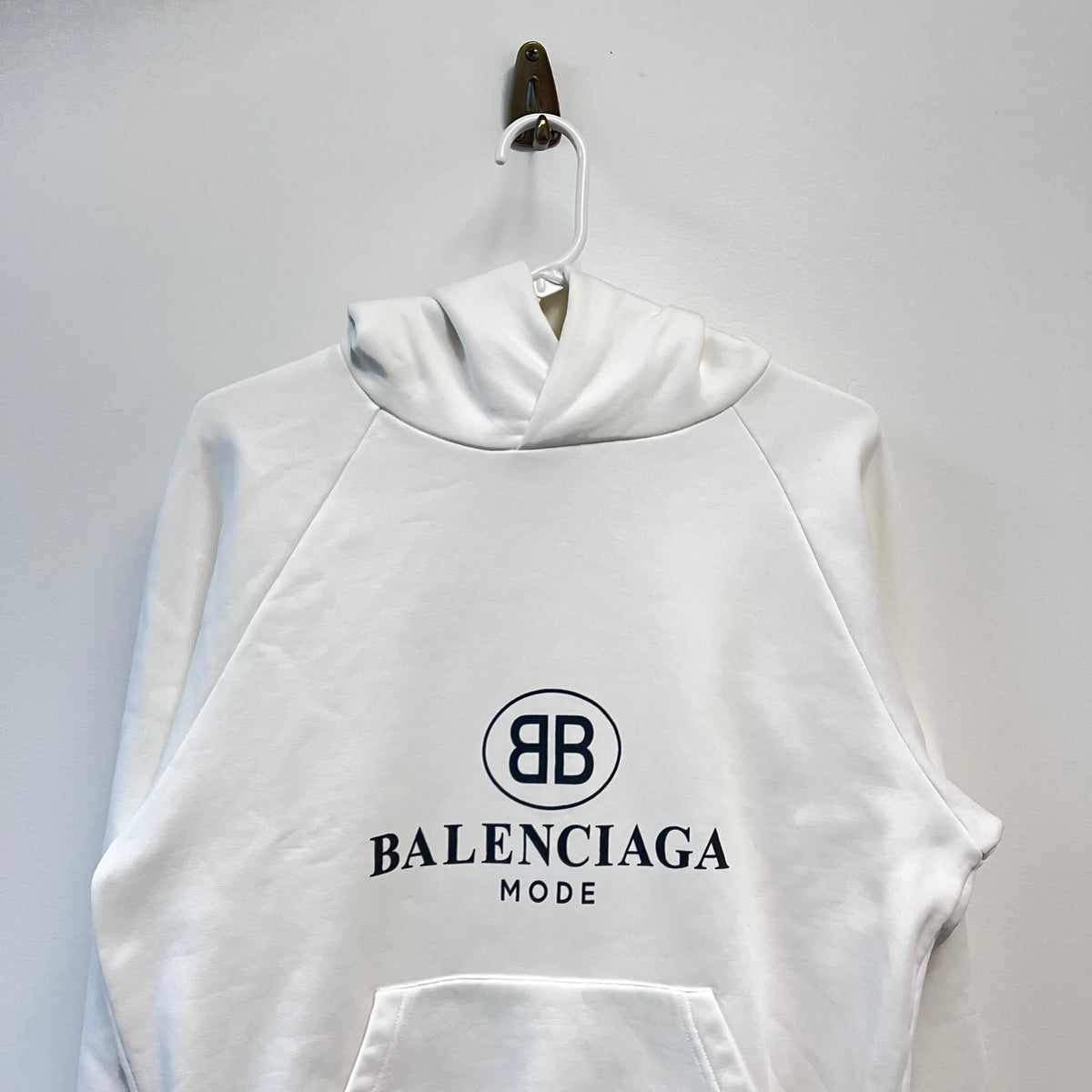 Balenciaga White Hoodie BB Mode Logo Print Front Pocket Size XS