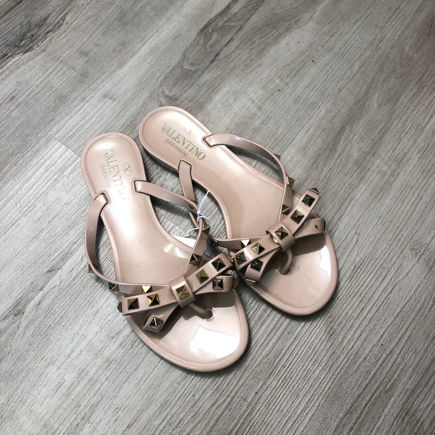 Valentino Nude Smooth Leather Rockstud Flat Slide Sandals 35