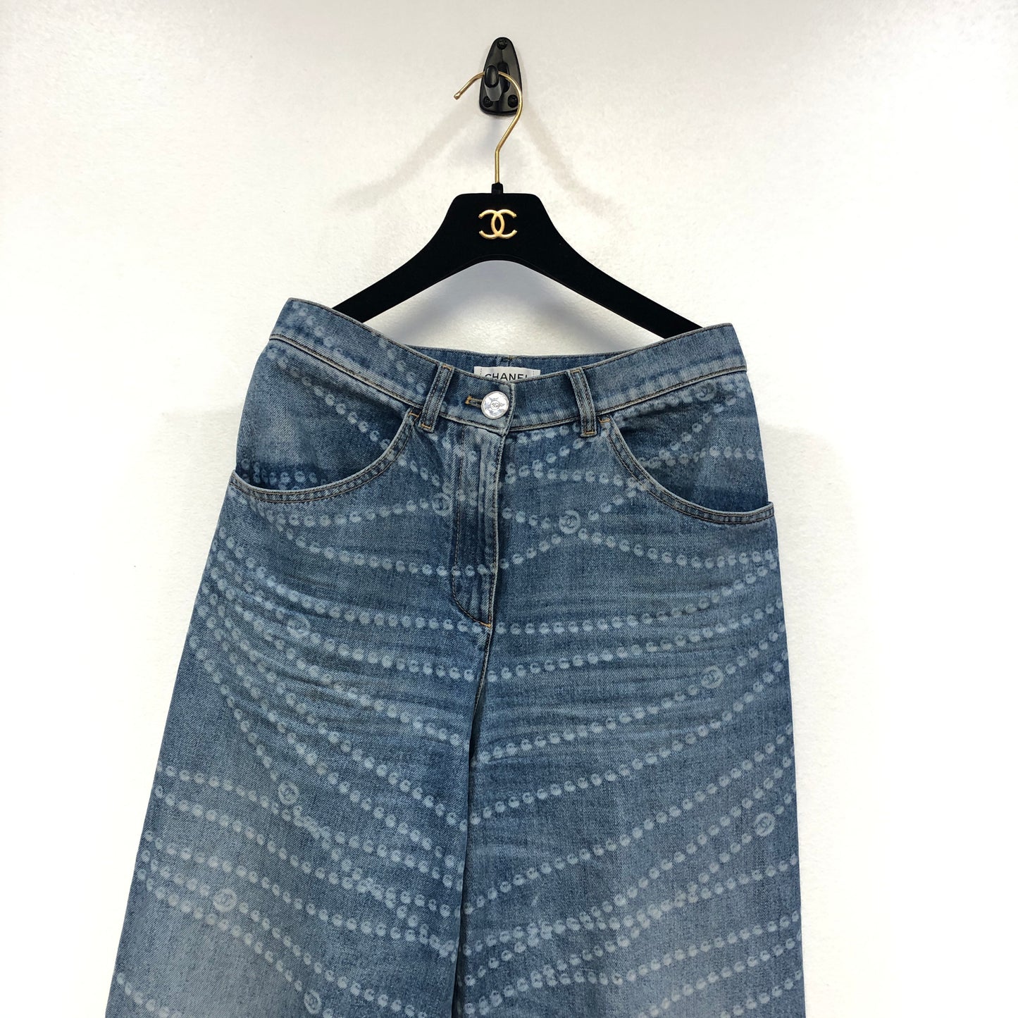 Chanel Denim Blue Straight Leg Denim Pants Stitched CC Pattern Size 36