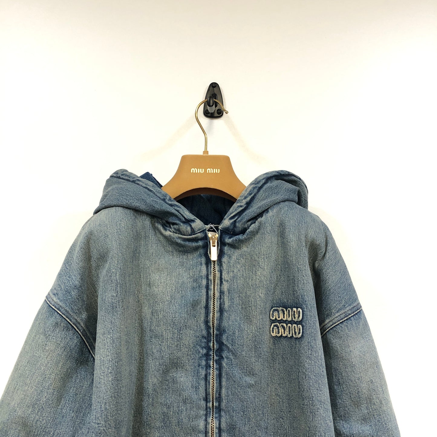 Miu Miu Blue Denim Zip-Up Hooded Jacket Size 40