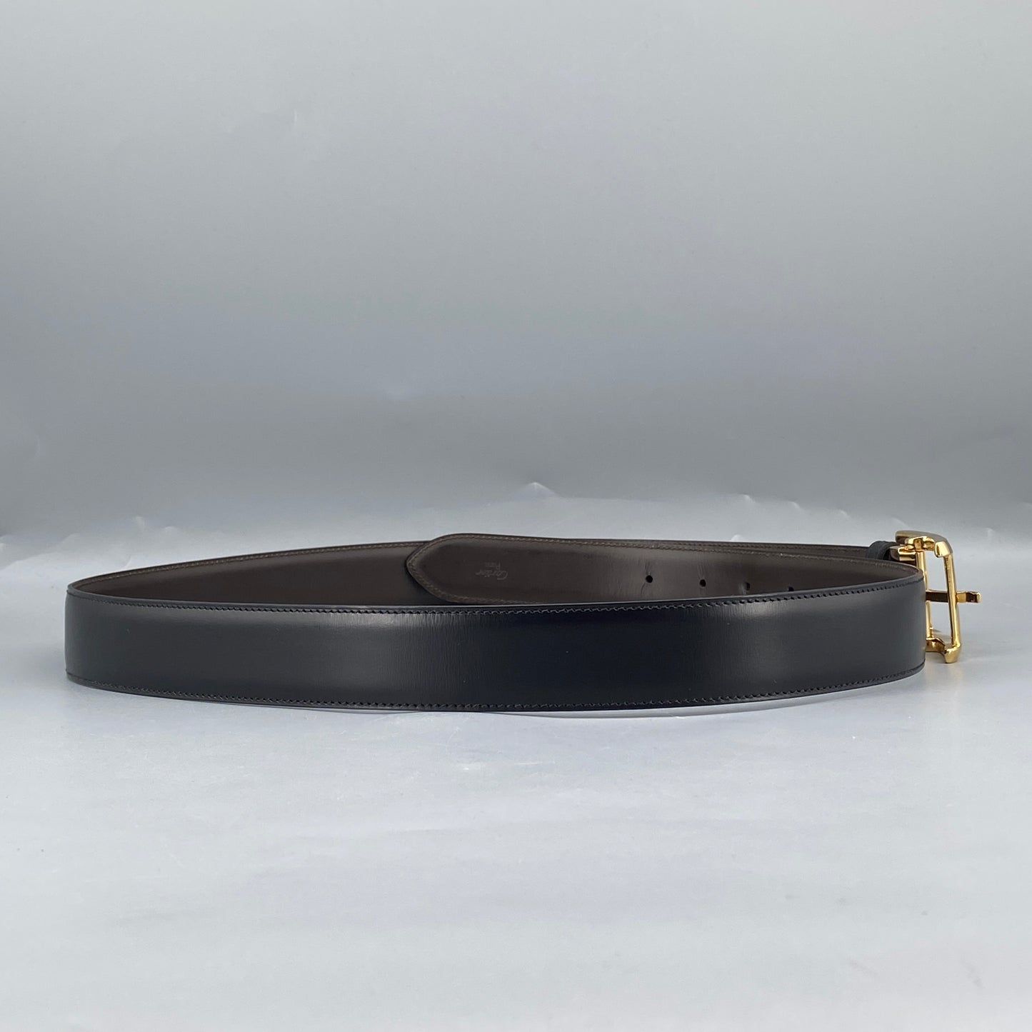 Cartier Black Smooth Leather Gold Square Pin Buckle Belt  105cm
