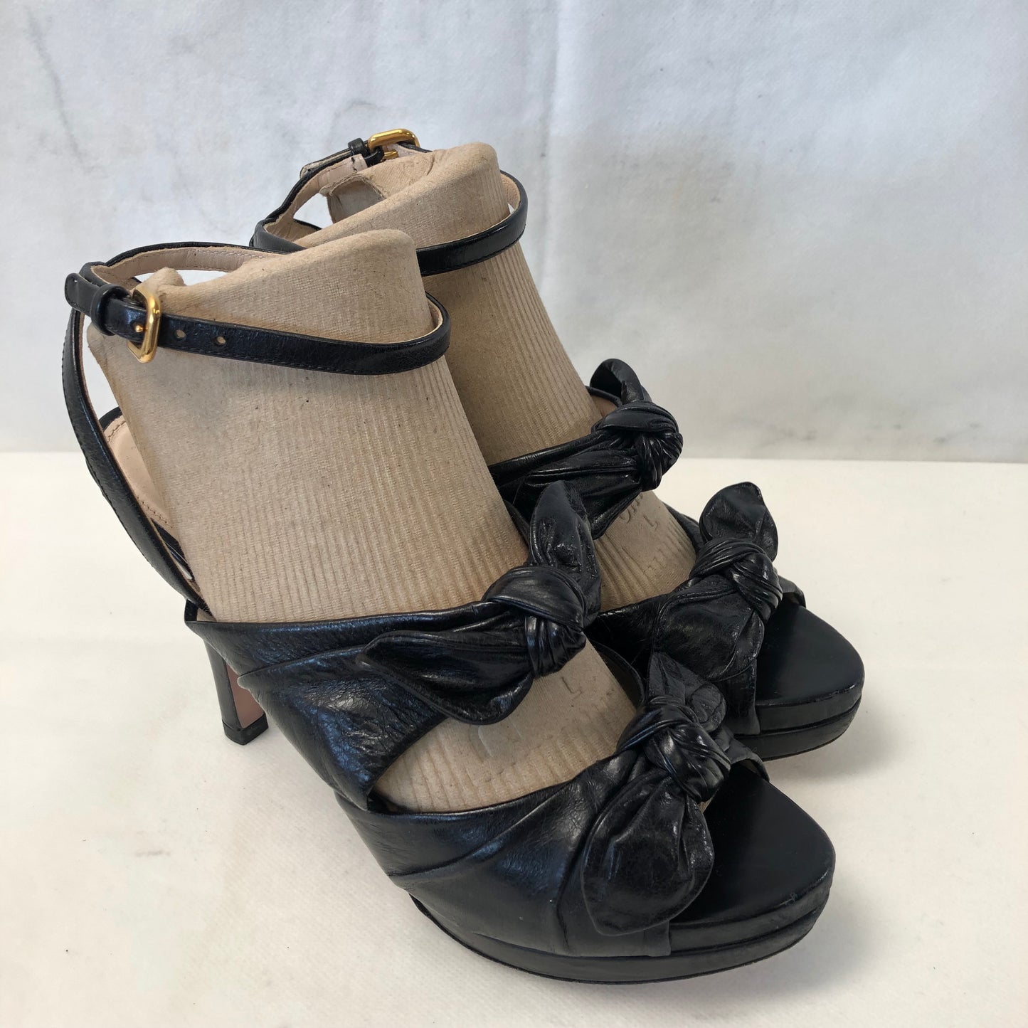Prada Black Bow Platform High Heel Sandals Women's Shoes Size 36.5