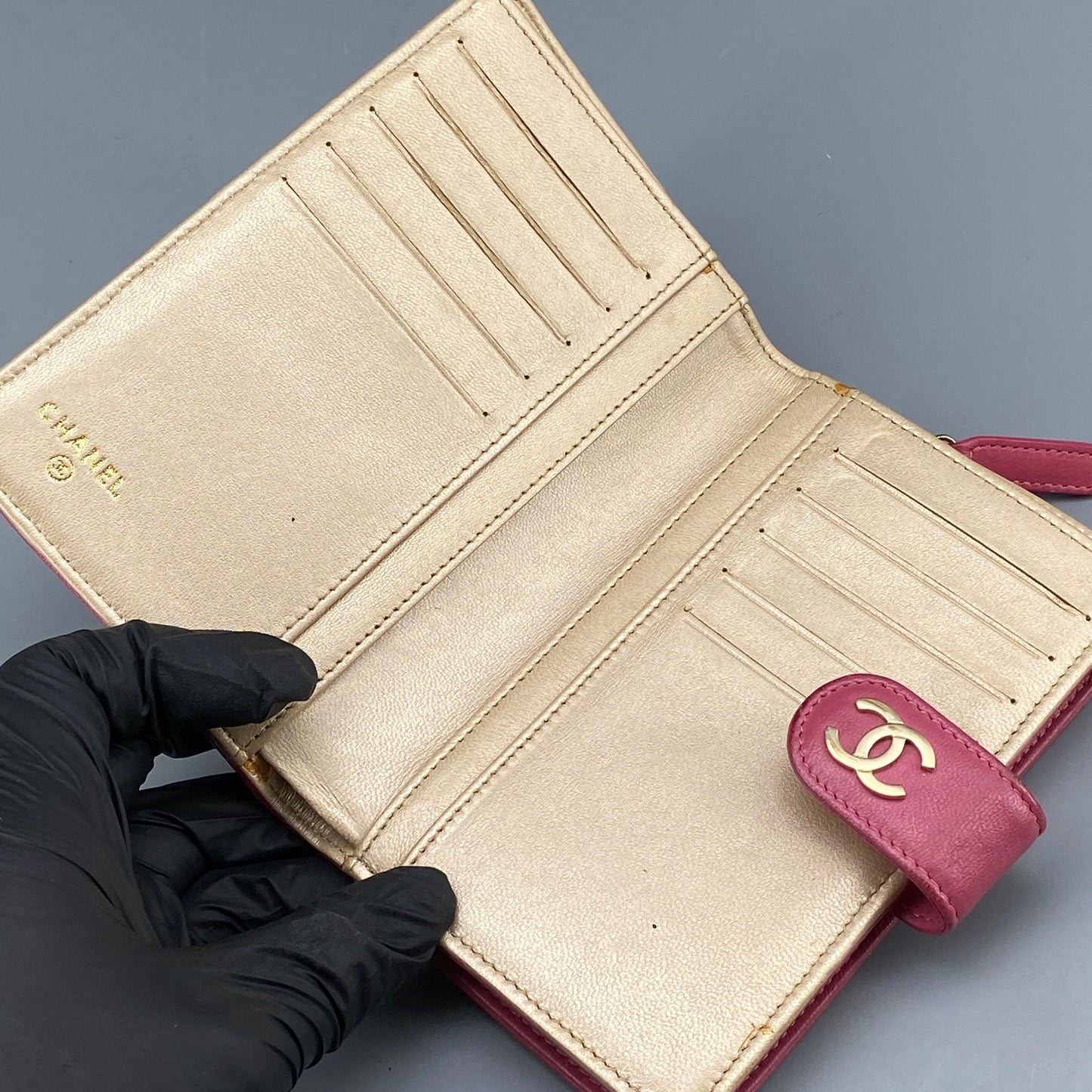 Chanel Pink Camellia Embossed Leather Flap Wallet
