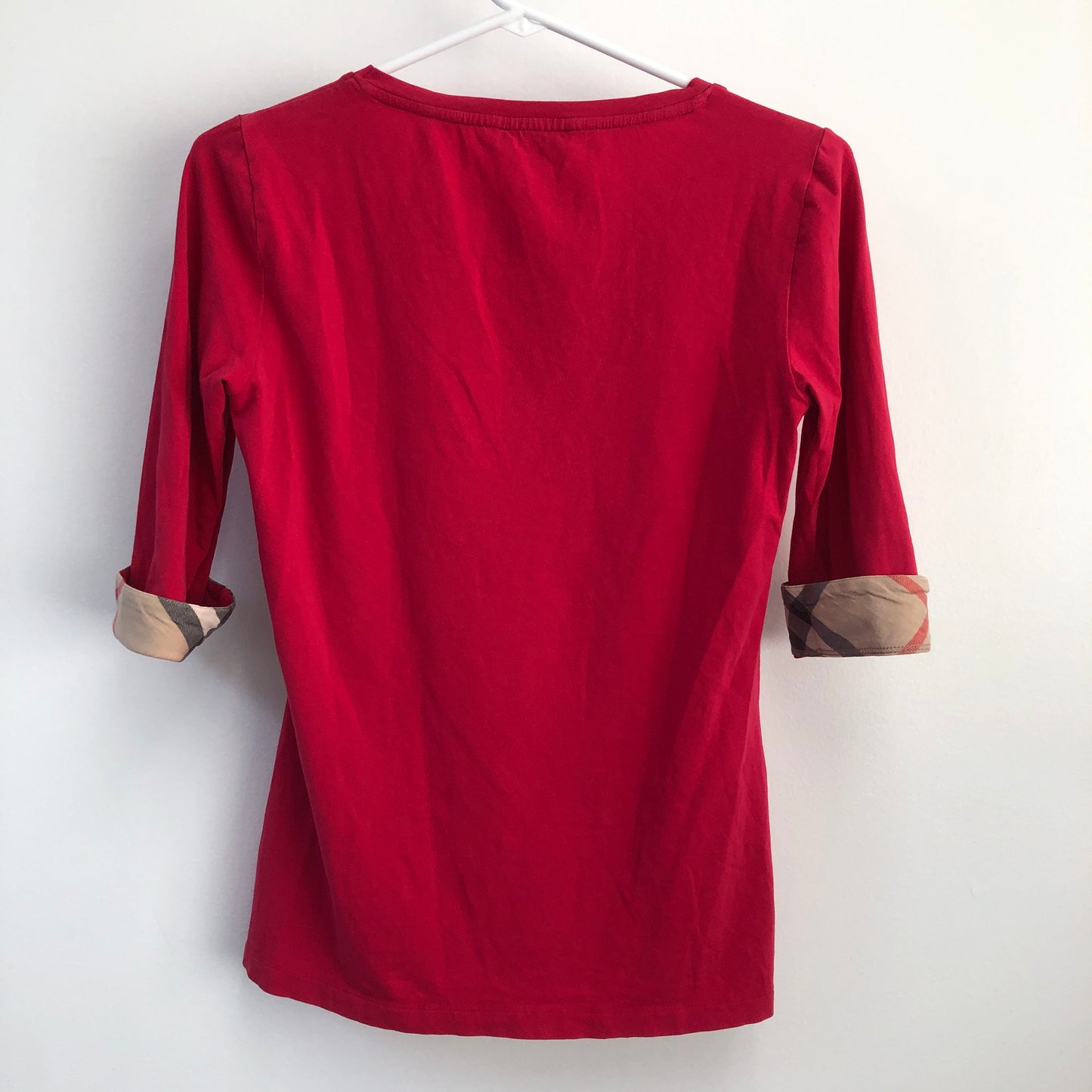 Burberry Classic Check Cuff Red Jersey Half Sleeve Top Size S