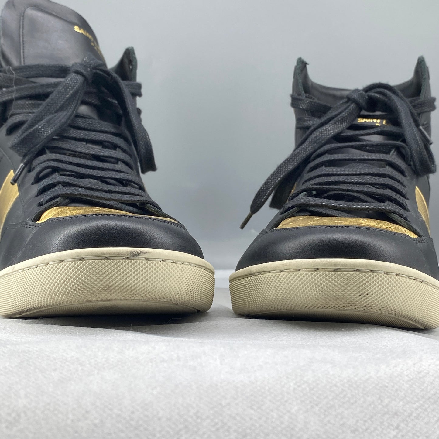 Saint Laurent Men’s Black Gold‑Tone Leather High‑Top Sneakers Shoes