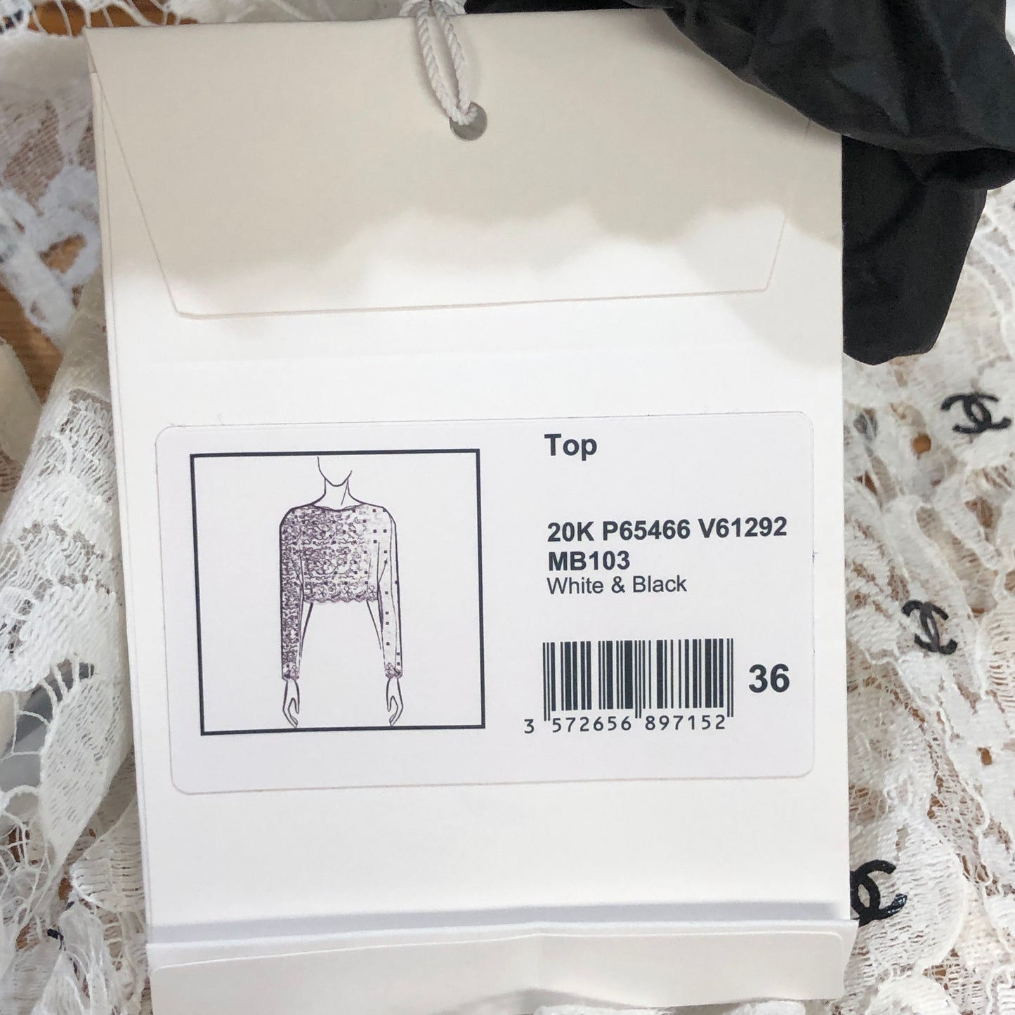 Chanel Lace CC Logo Cropped Long Sleeve Top Size 36 White & Black