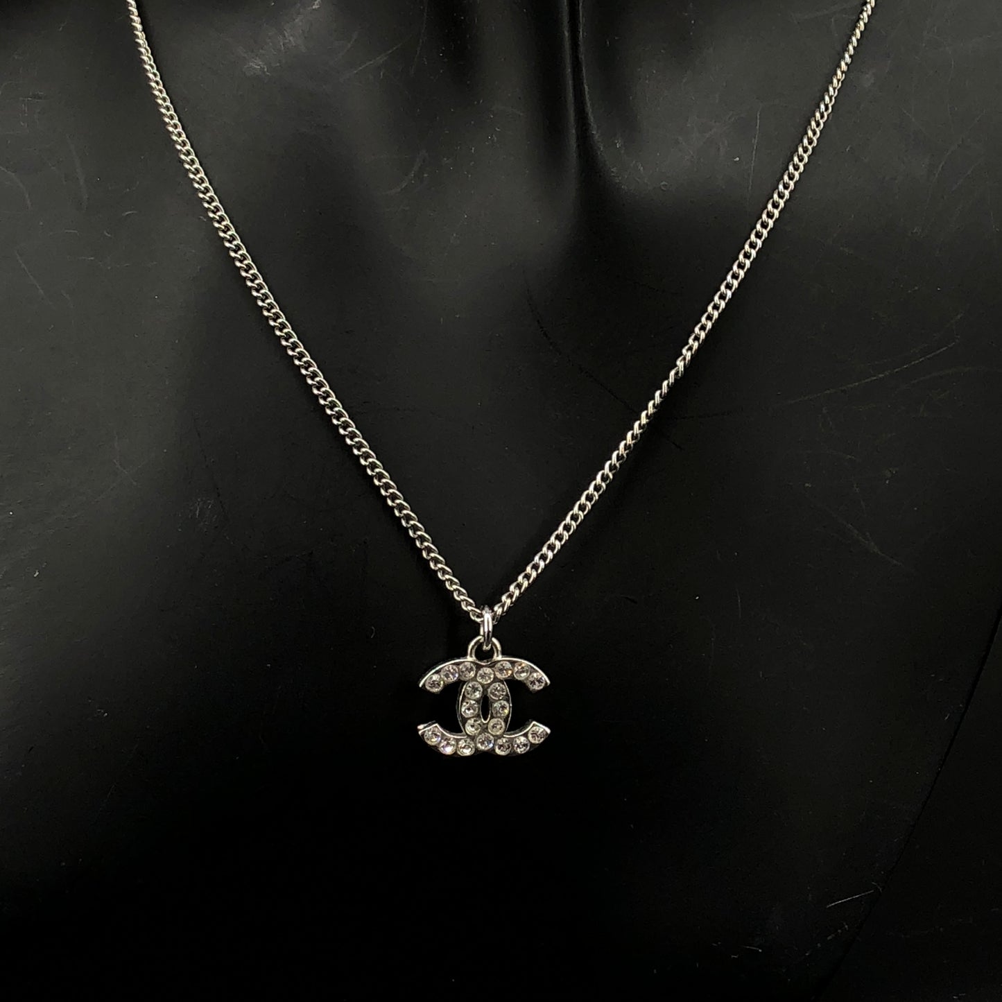 Chanel Silver-Tone Crystal CC Pendant Necklace