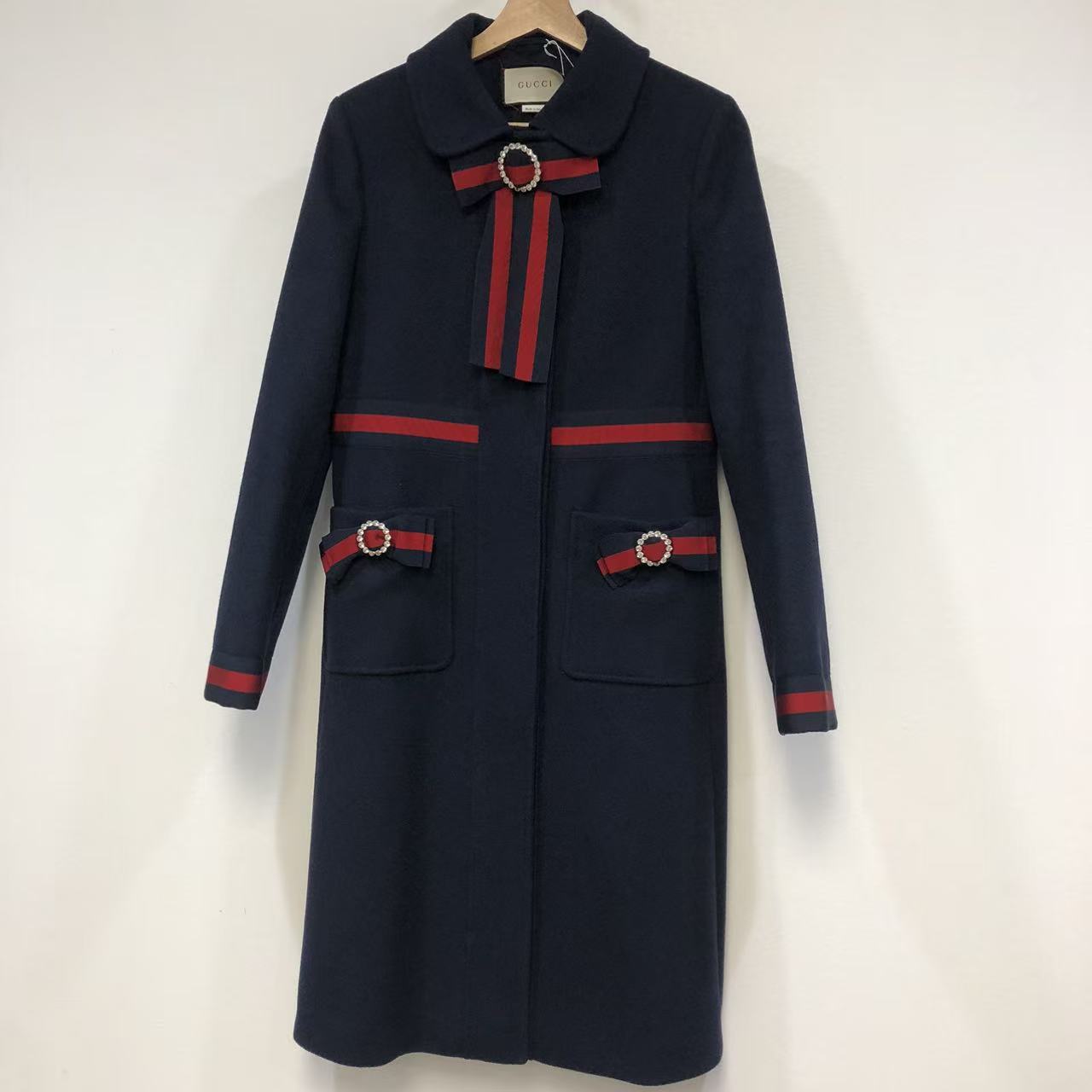 Gucci Sylvie Web Bow Detail Coat Navy Size 42