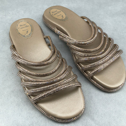 Rene Caovilla Women's Nude Gold Multi Strap Crystal Slide Flat Sandals Size 37