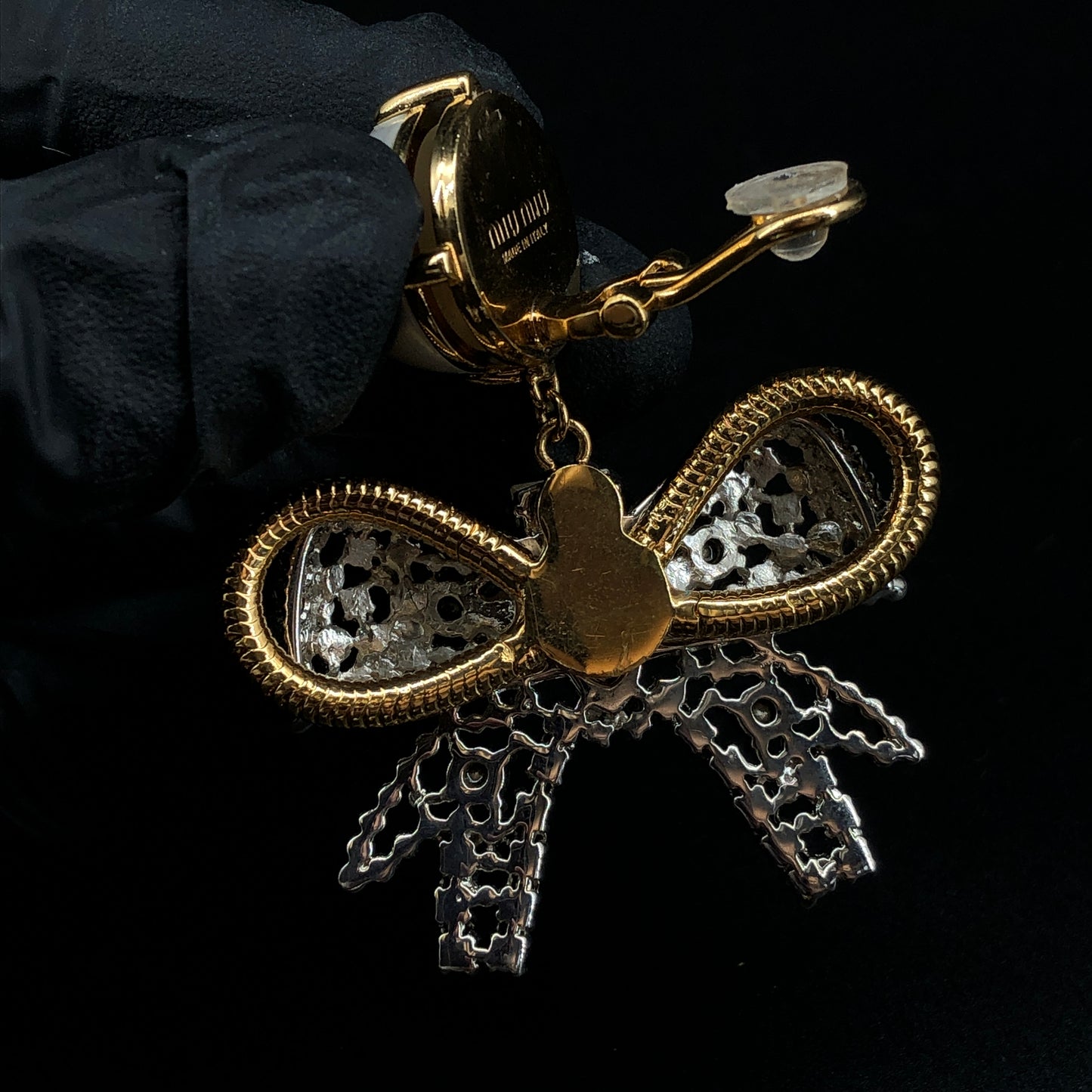 Miu Miu Gold-Tone Crystal & Faux Pearl Bow Earrings