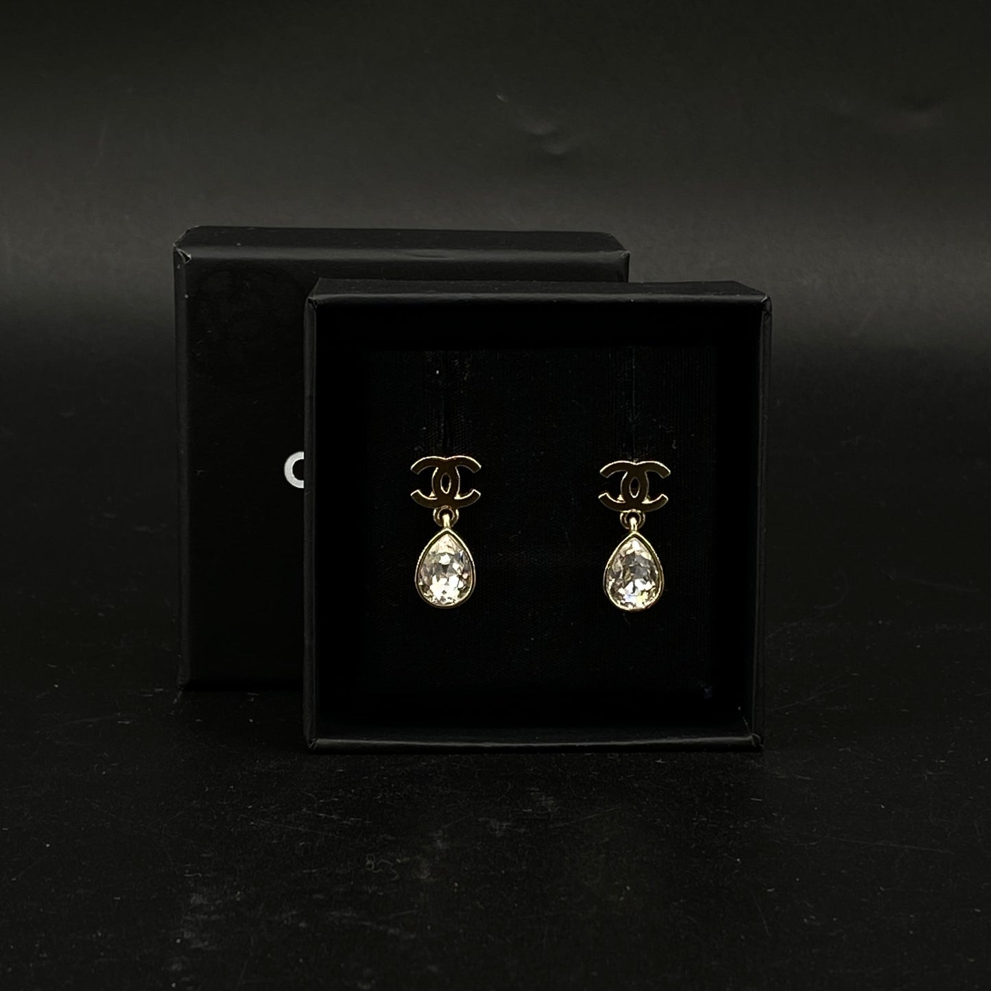 Chanel 2022 Gold-Tone Double C Teardrop Crystal Drop Earrings