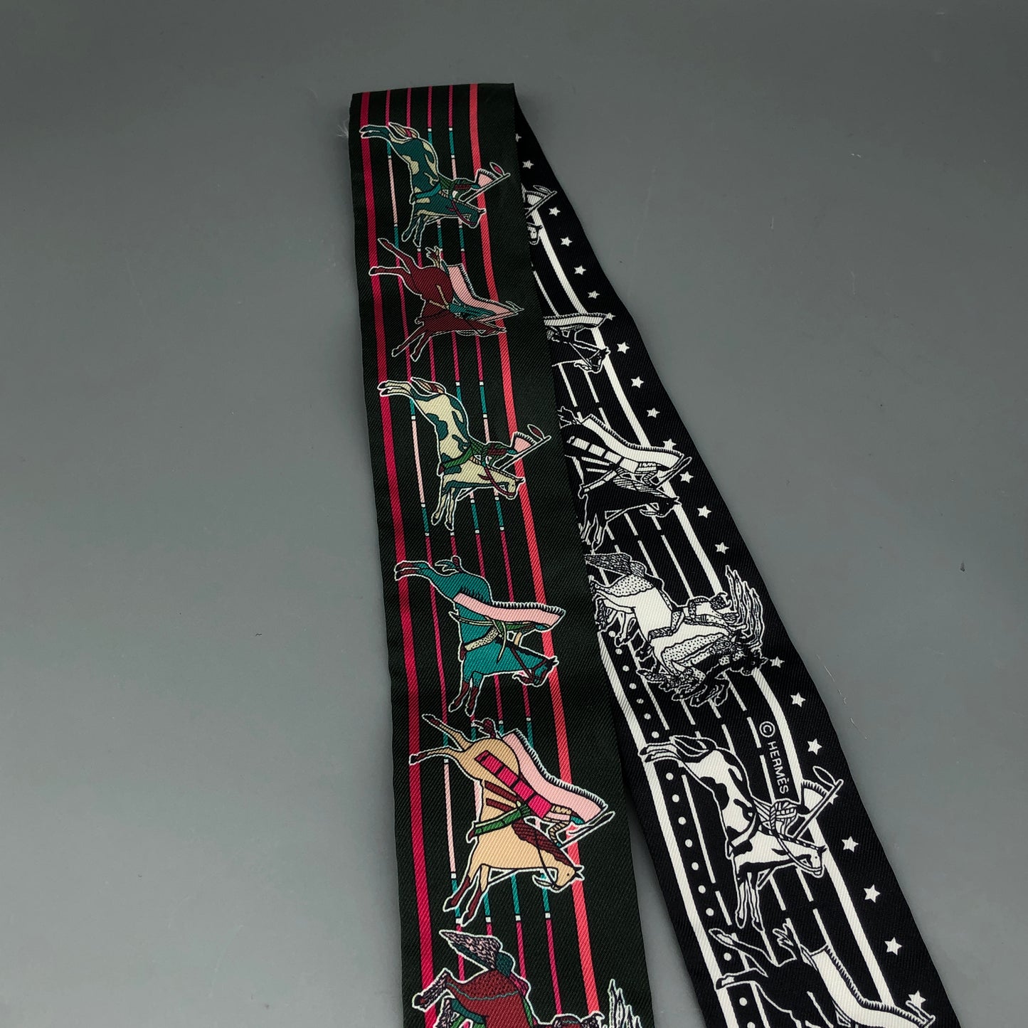 Hermes Printed Silk Twilly Scarf 885cm Dark Green Black Pink