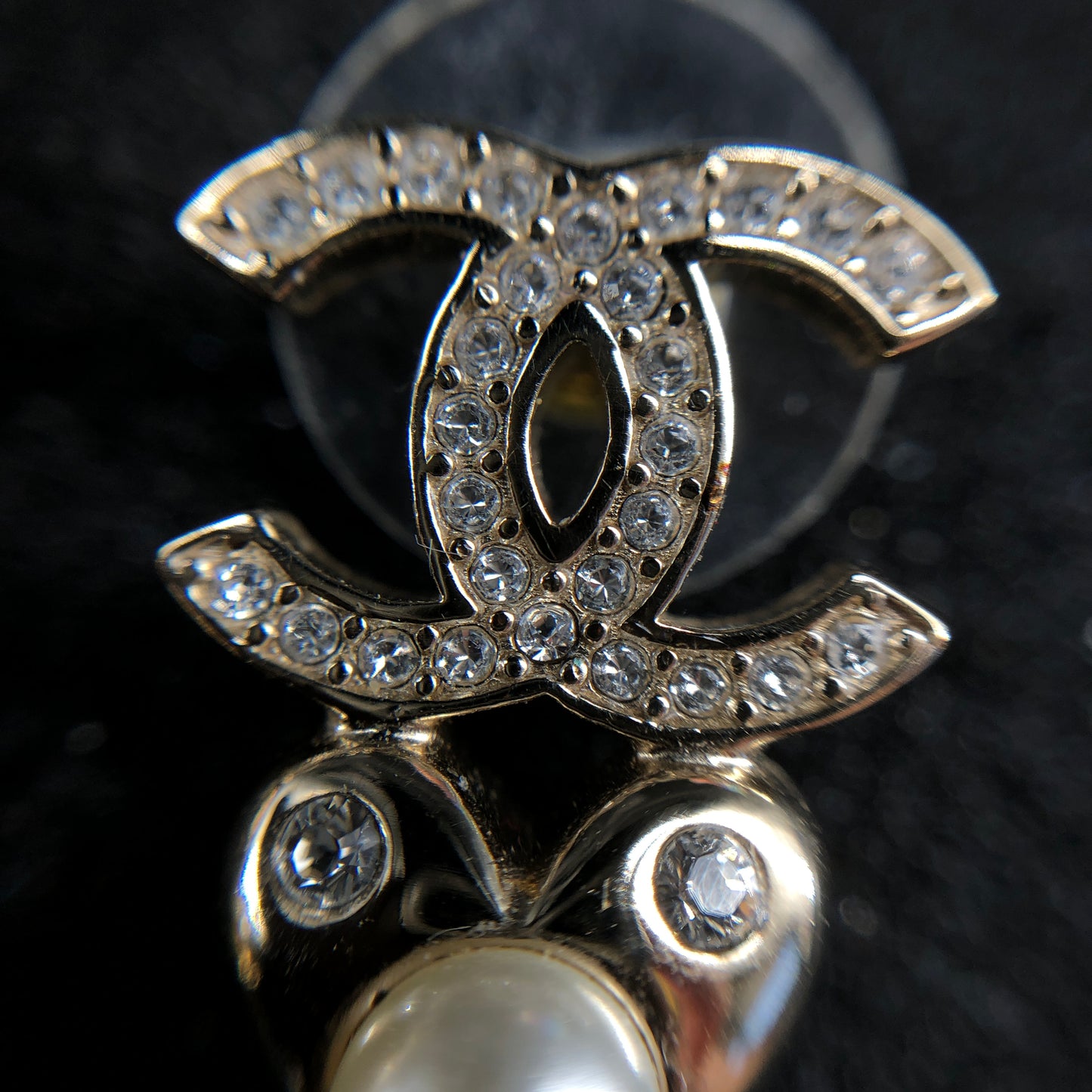 Chanel Crystal CC Logo Pearl Drop Earrings Gold Color