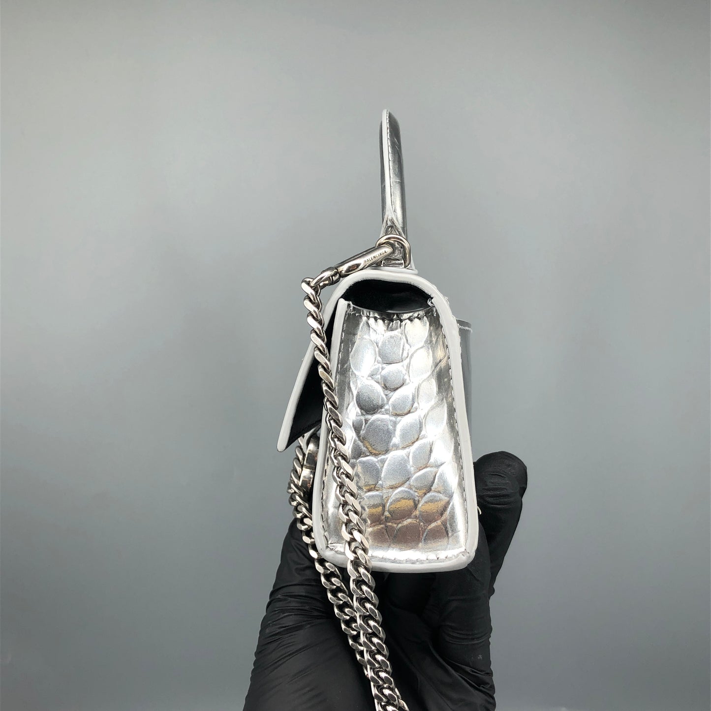 Balenciaga Silver Croc Embossed micro Hourglass Top Handle Bag