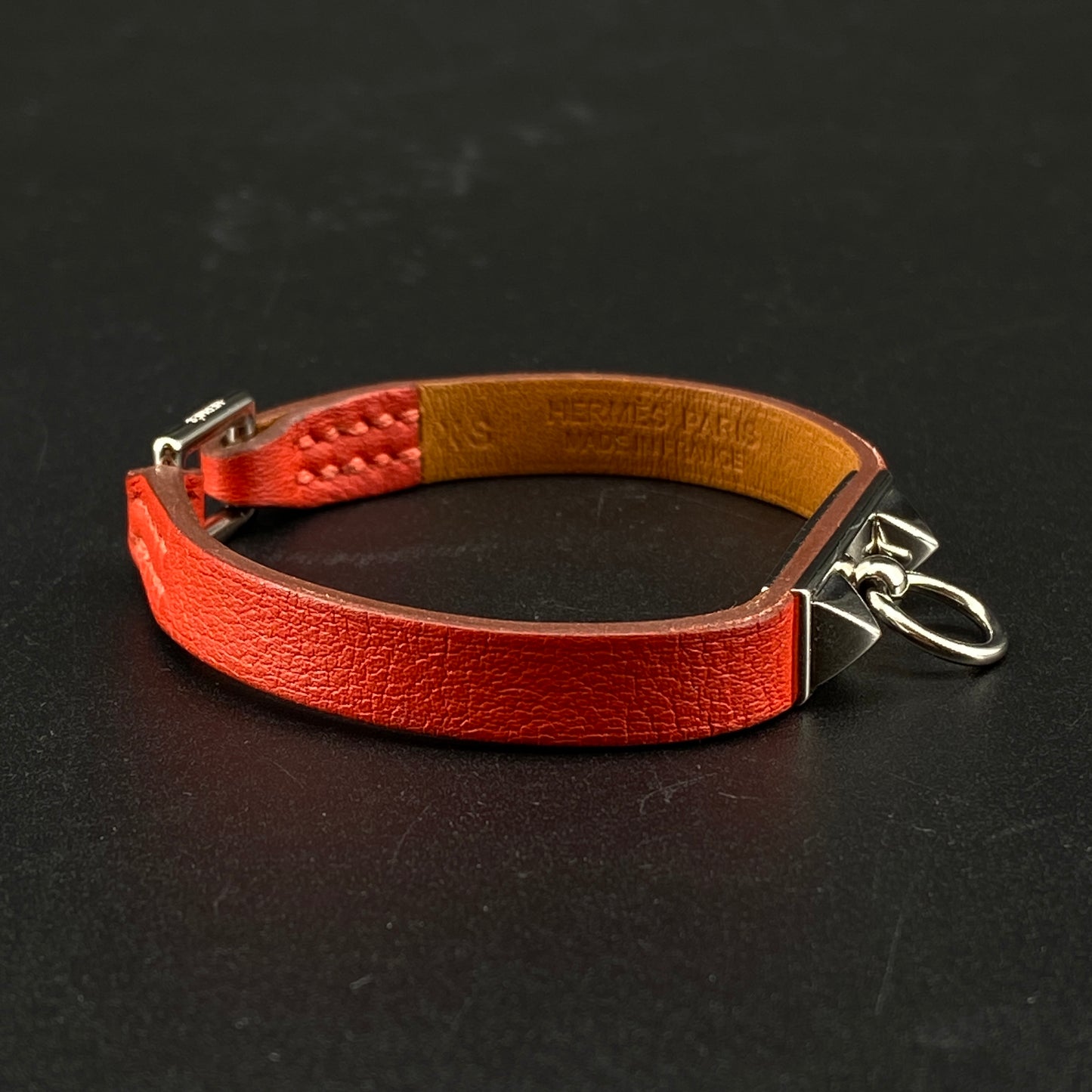 Hermes Reddy-Orange Leather Rivet Ring Bracelet