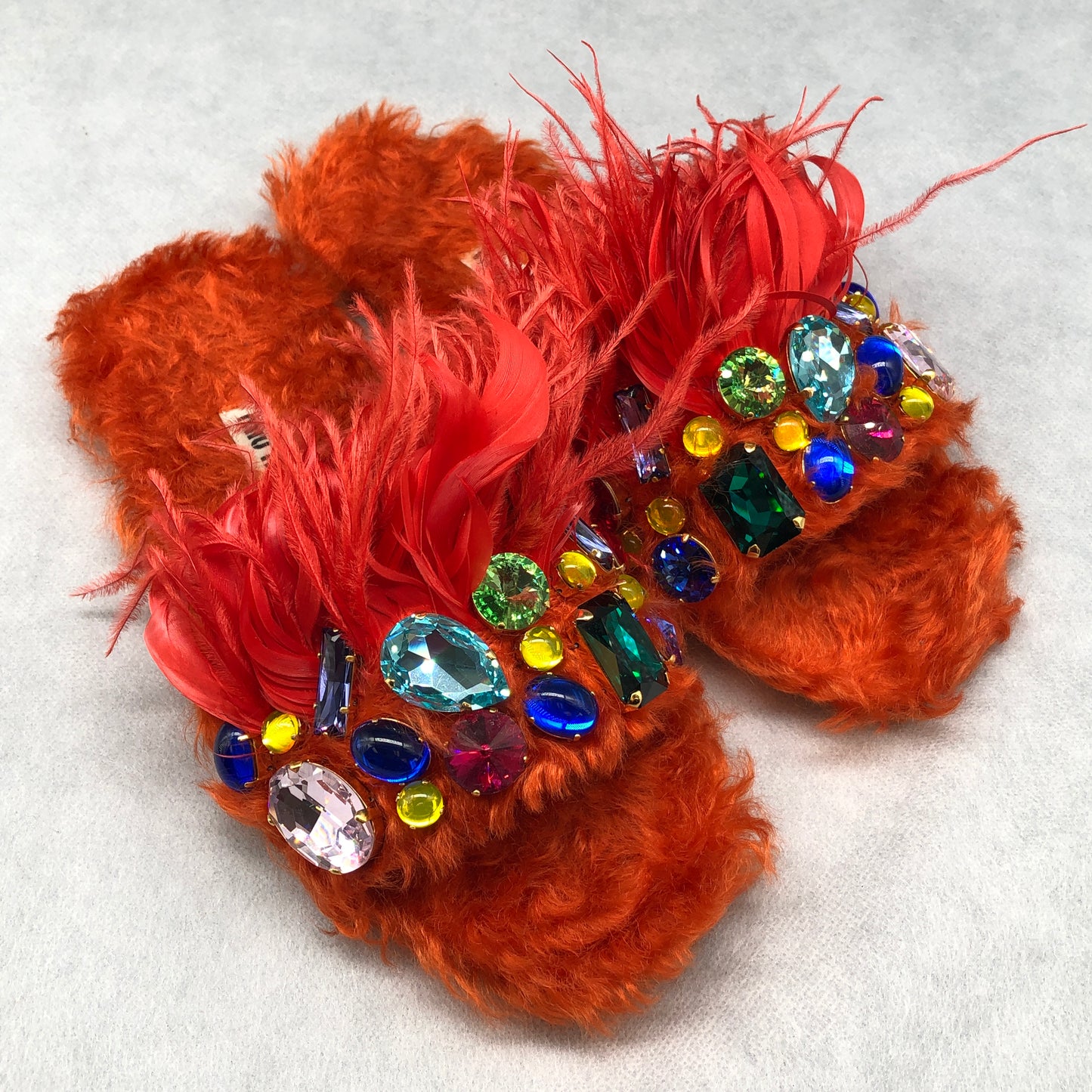 Miu Miu Orange Fur Feather Crystal Slide Sandals Size 37.5