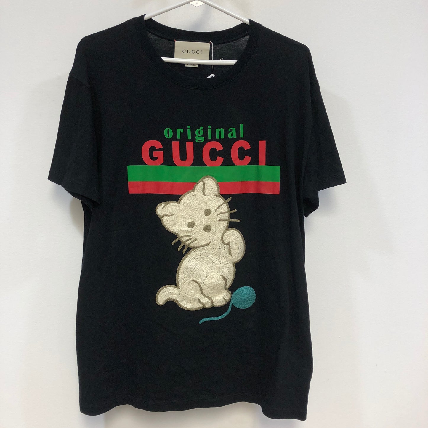 Gucci Web Stripe Kitten Print Short Sleeve Cotton T-Shirt Size S Black