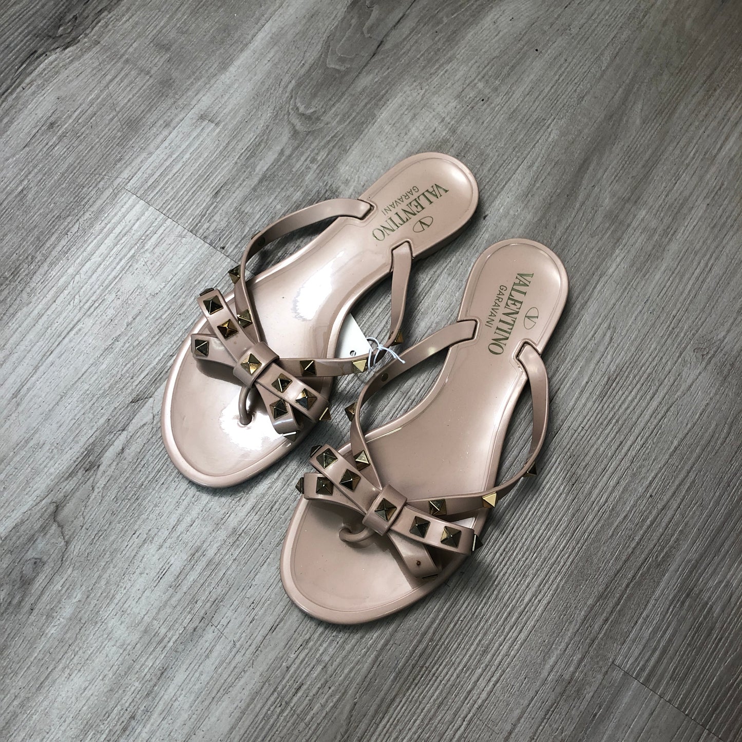 Valentino Nude Smooth Leather Rockstud Flat Slide Sandals 35