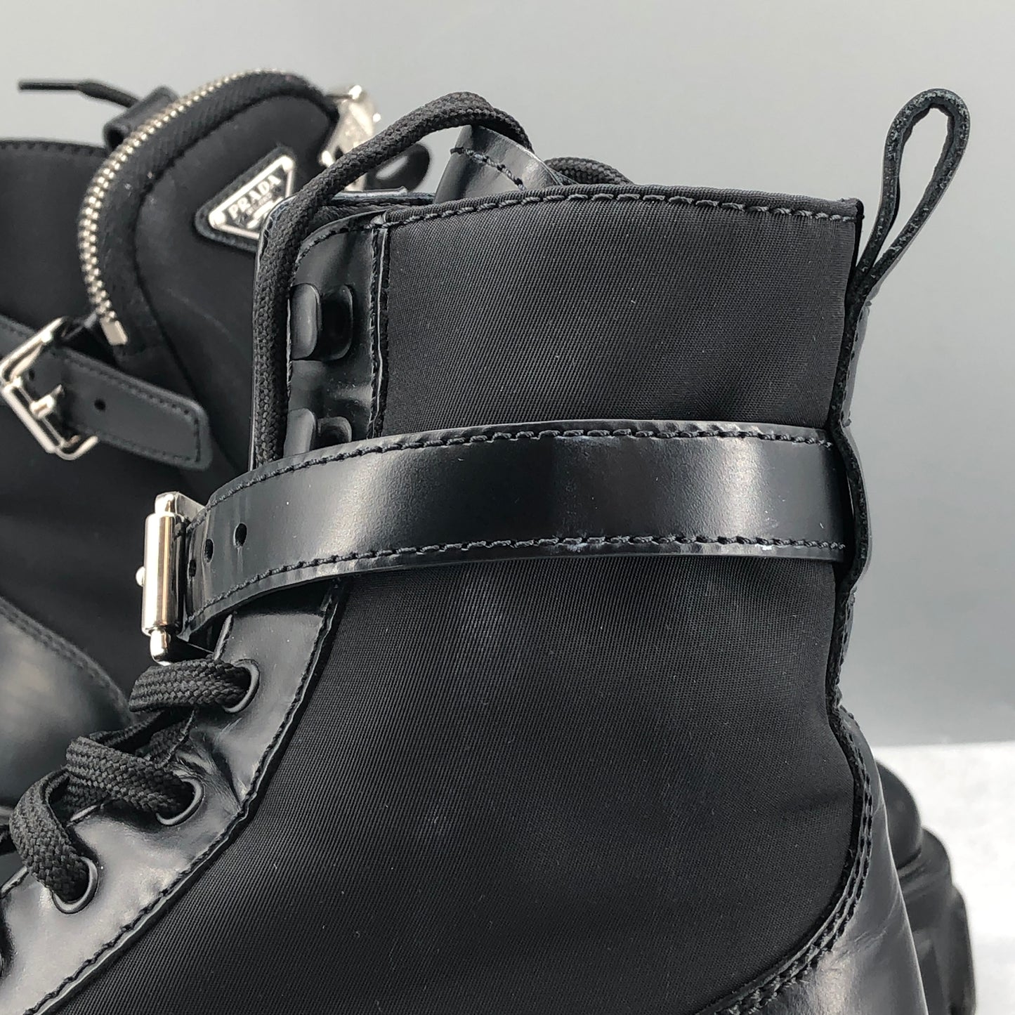 Prada Women's Re-Nylon Leather Combat Ankle Boots Size 36.5 Black
