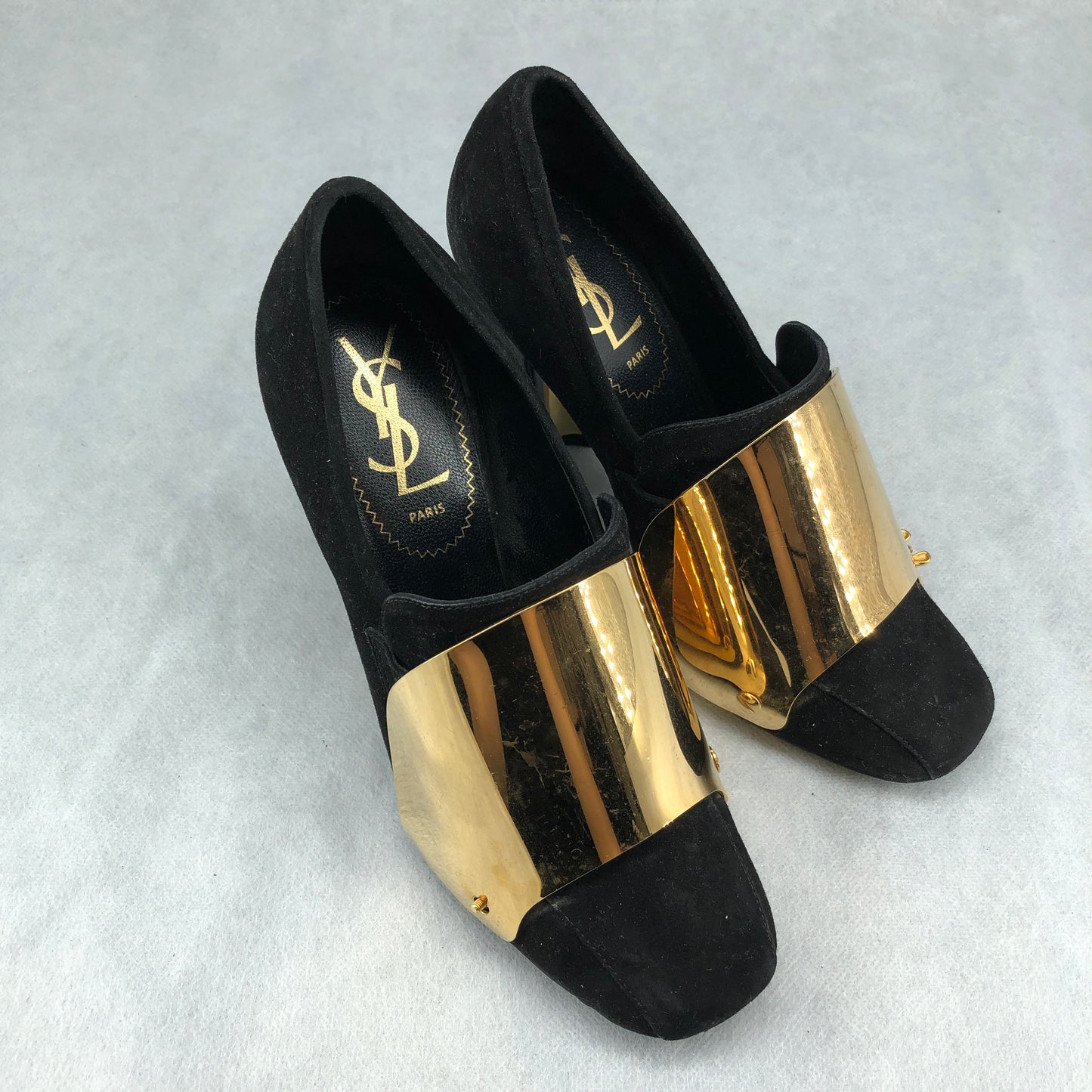 Saint Laurent Black Suede & Gold Metallic Cap Toe Block Heel Pumps 35