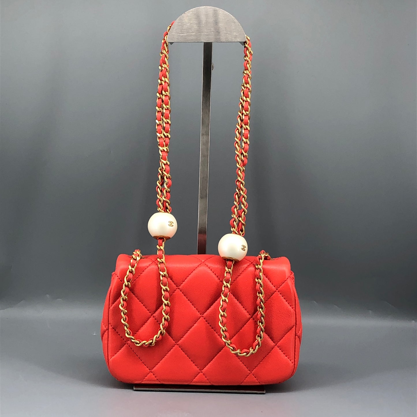 Chanel Mini Quilted Lambskin Flap Bag with Pearl Chain Red
