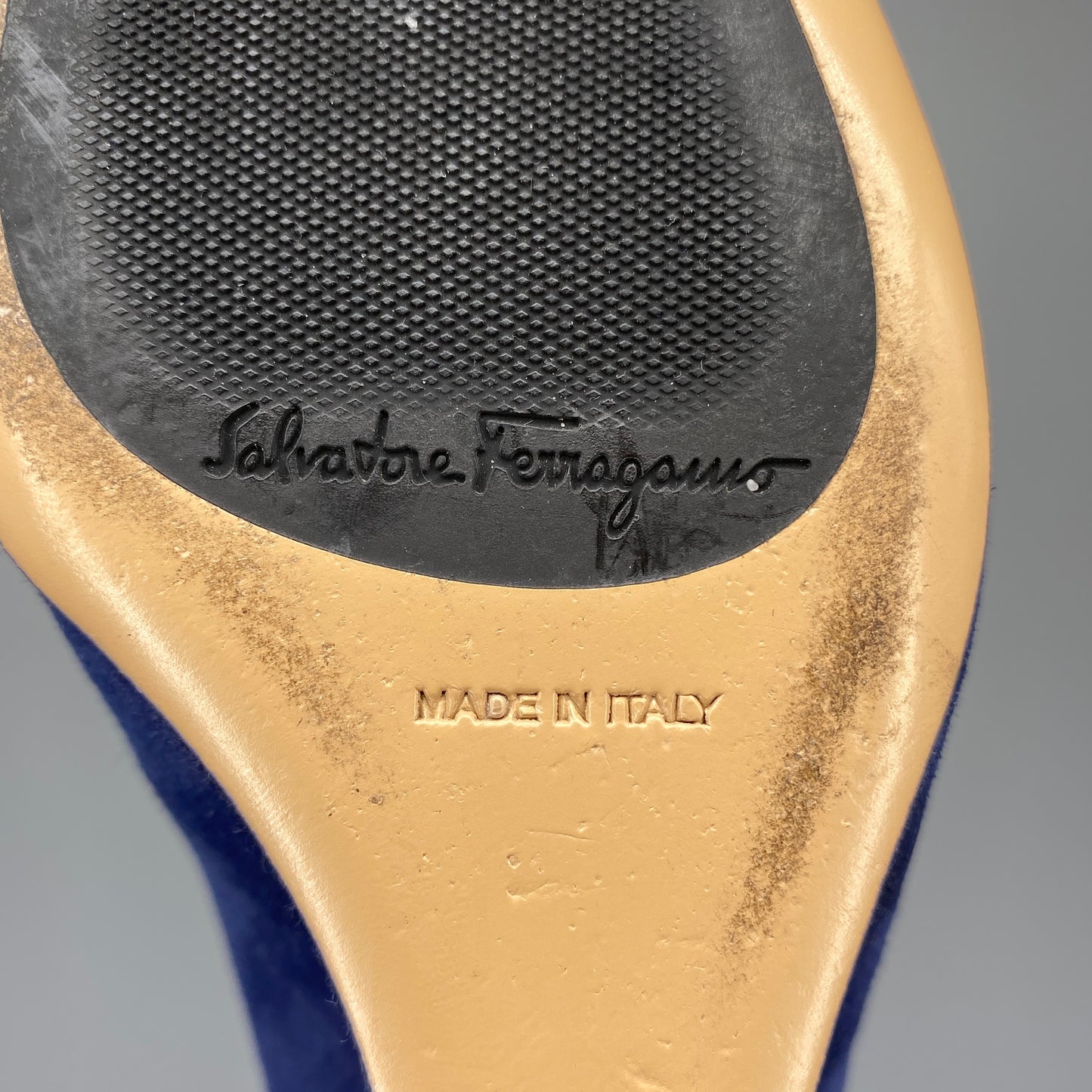 Ferragamo Women’s Deep Blue Suede Patent Toe Wedge Heels Shoes