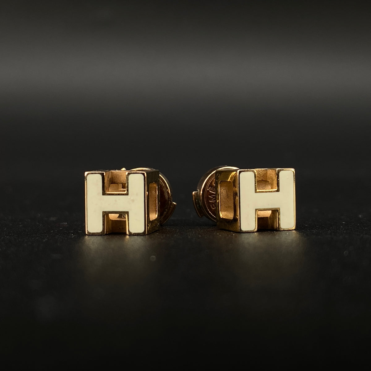 Hermes Gold & Cream H Logo Stud Earrings