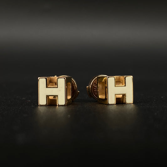 Hermes Gold & Cream H Logo Stud Earrings